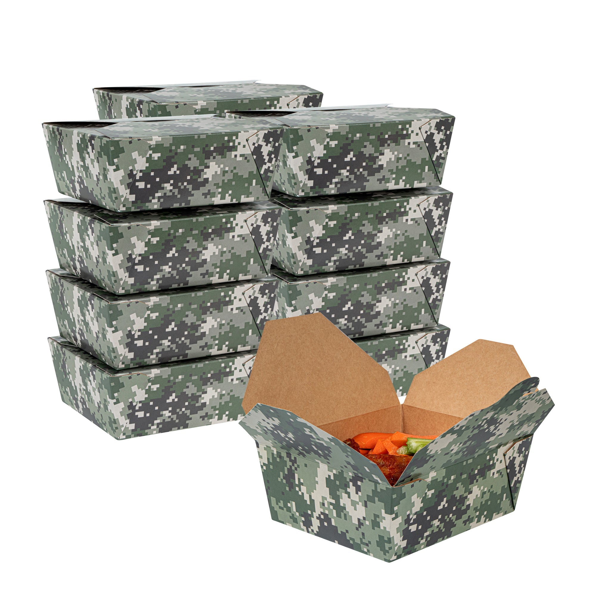 Bio Tek 45 oz Rectangle Camouflage Paper #8 Bio Box Take Out Container - 6 3/4" x 5 1/2" x 2 1/2" - 50 count box