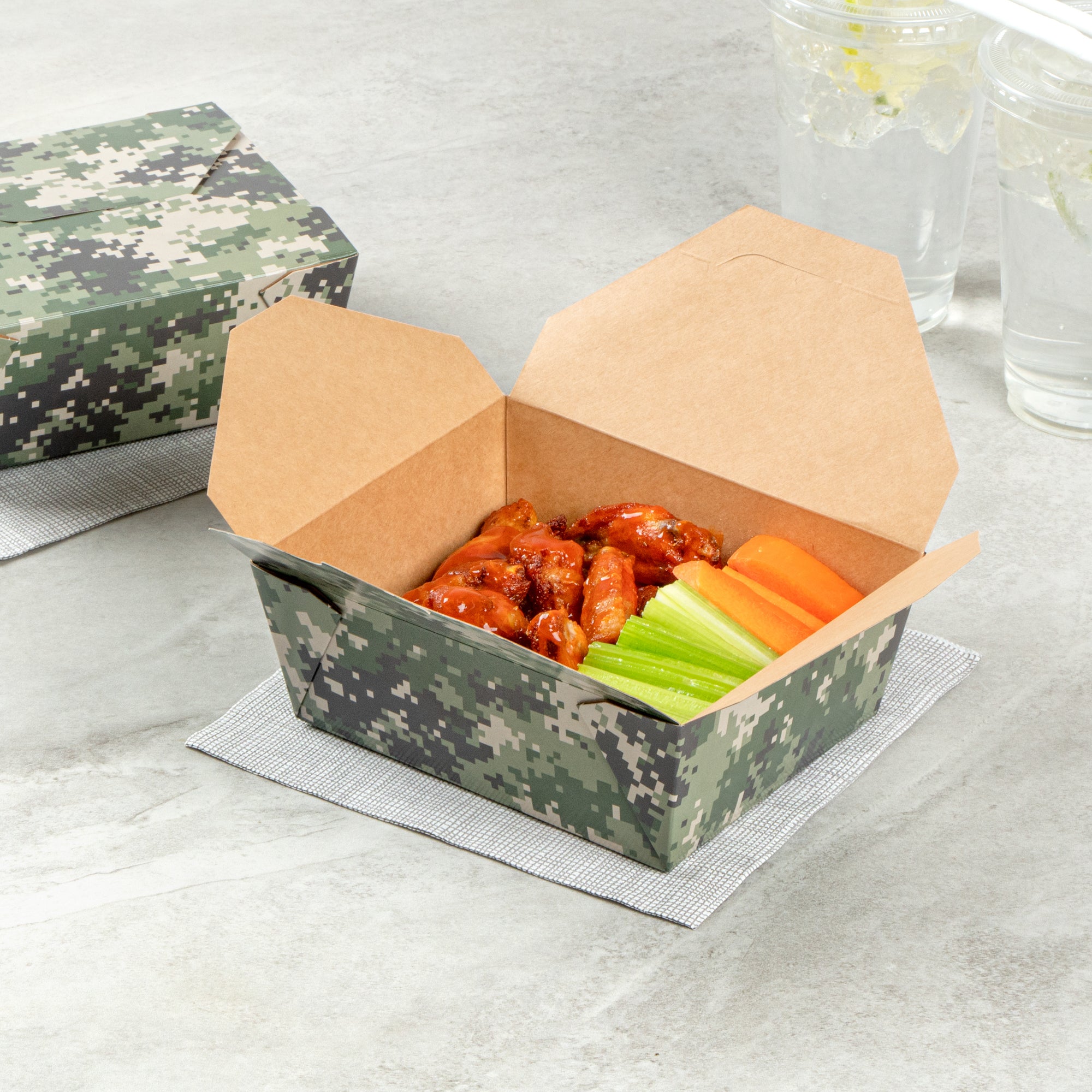 Bio Tek 45 oz Rectangle Camouflage Paper #8 Bio Box Take Out Container - 6 3/4" x 5 1/2" x 2 1/2" - 50 count box