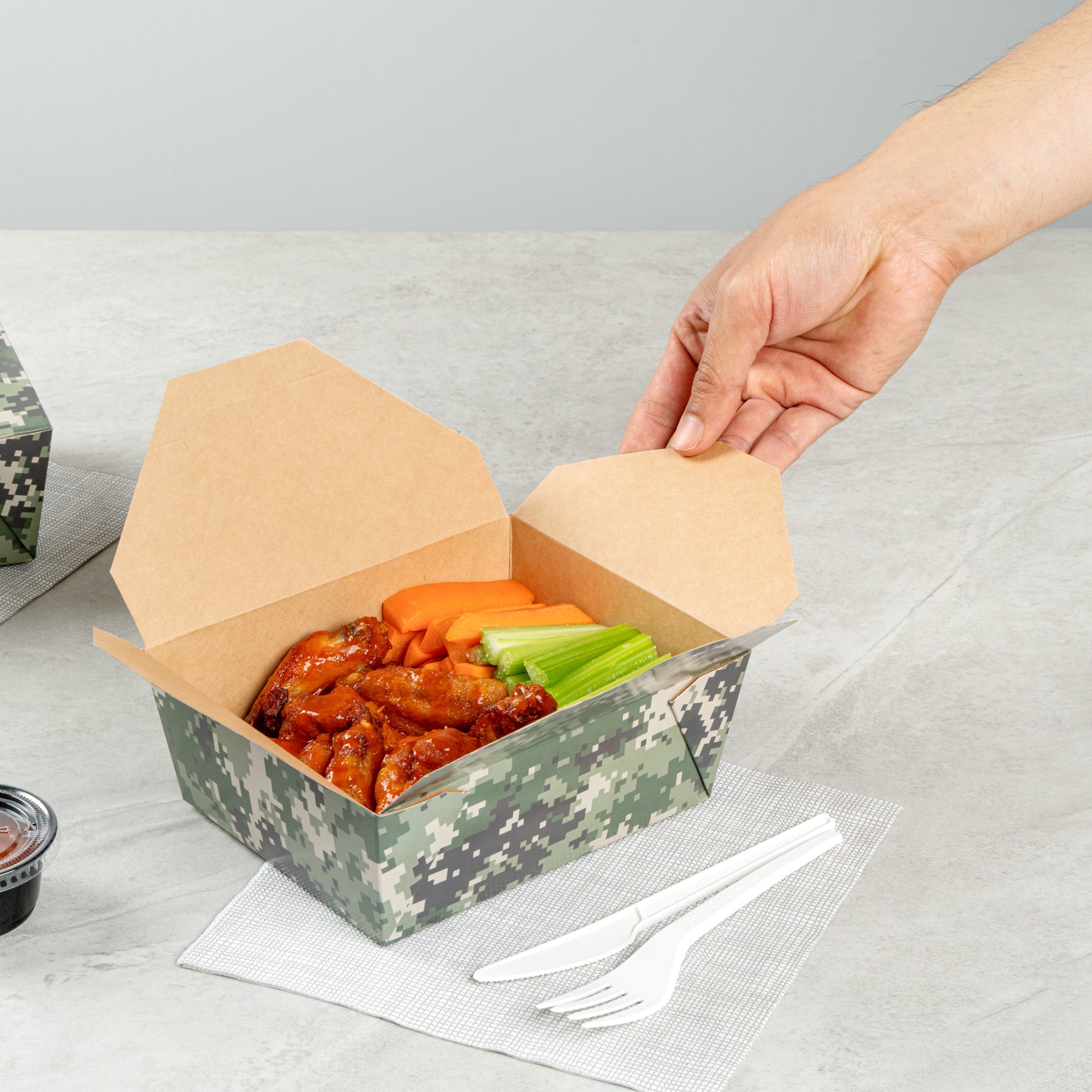 Bio Tek 45 oz Rectangle Camouflage Paper #8 Bio Box Take Out Container - 6 3/4" x 5 1/2" x 2 1/2" - 50 count box