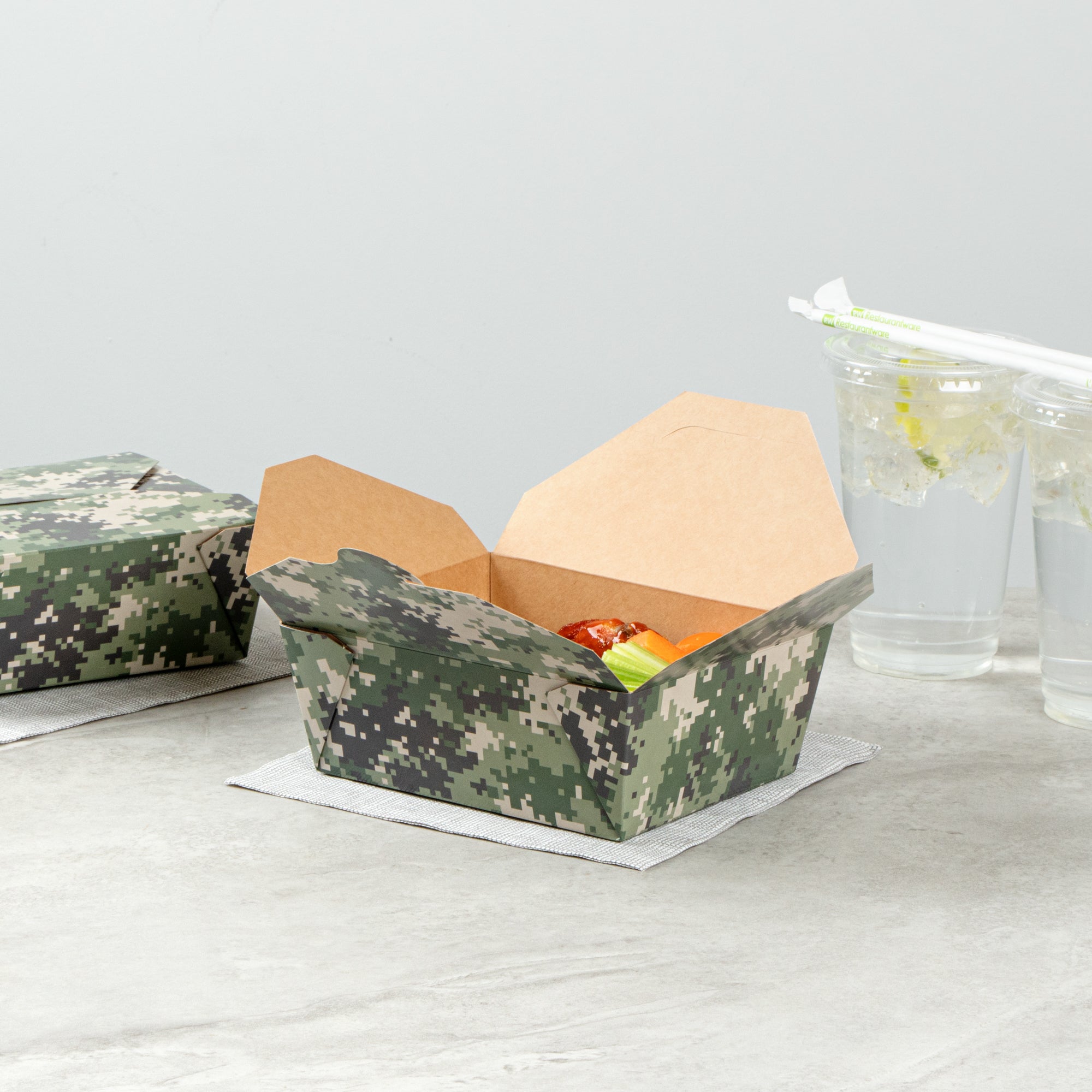 Bio Tek 45 oz Rectangle Camouflage Paper #8 Bio Box Take Out Container - 6 3/4" x 5 1/2" x 2 1/2" - 50 count box