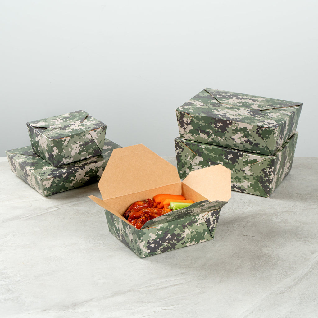 Bio Tek 45 oz Rectangle Camouflage Paper #8 Bio Box Take Out Container - 6 3/4" x 5 1/2" x 2 1/2" - 50 count box