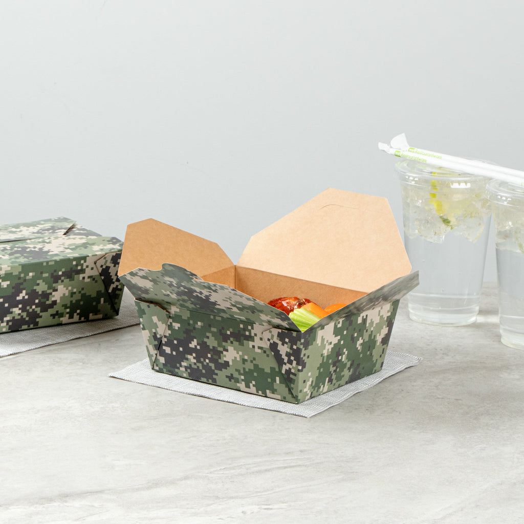 Bio Tek 45 oz Rectangle Camouflage Paper #8 Bio Box Take Out Container - 6 3/4" x 5 1/2" x 2 1/2" - 200 count box