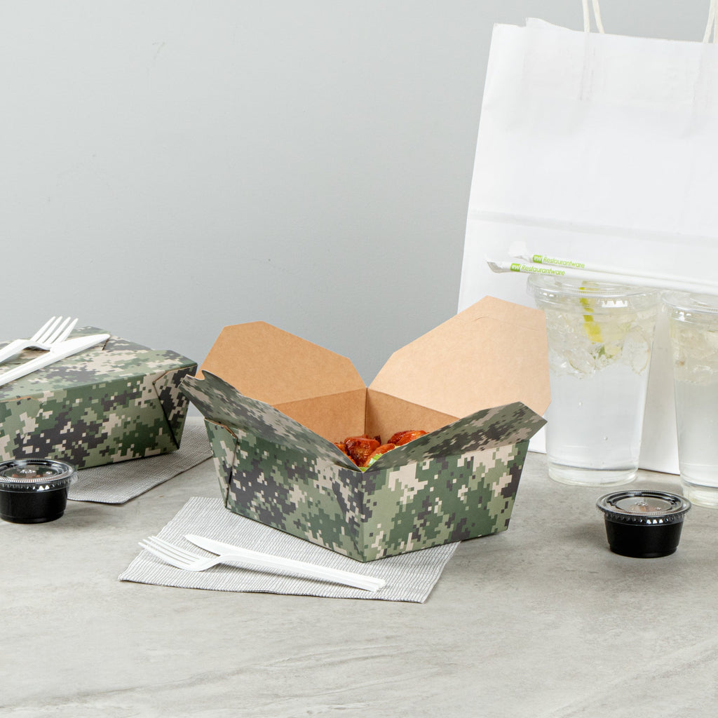 Bio Tek 45 oz Rectangle Camouflage Paper #8 Bio Box Take Out Container - 6 3/4" x 5 1/2" x 2 1/2" - 200 count box