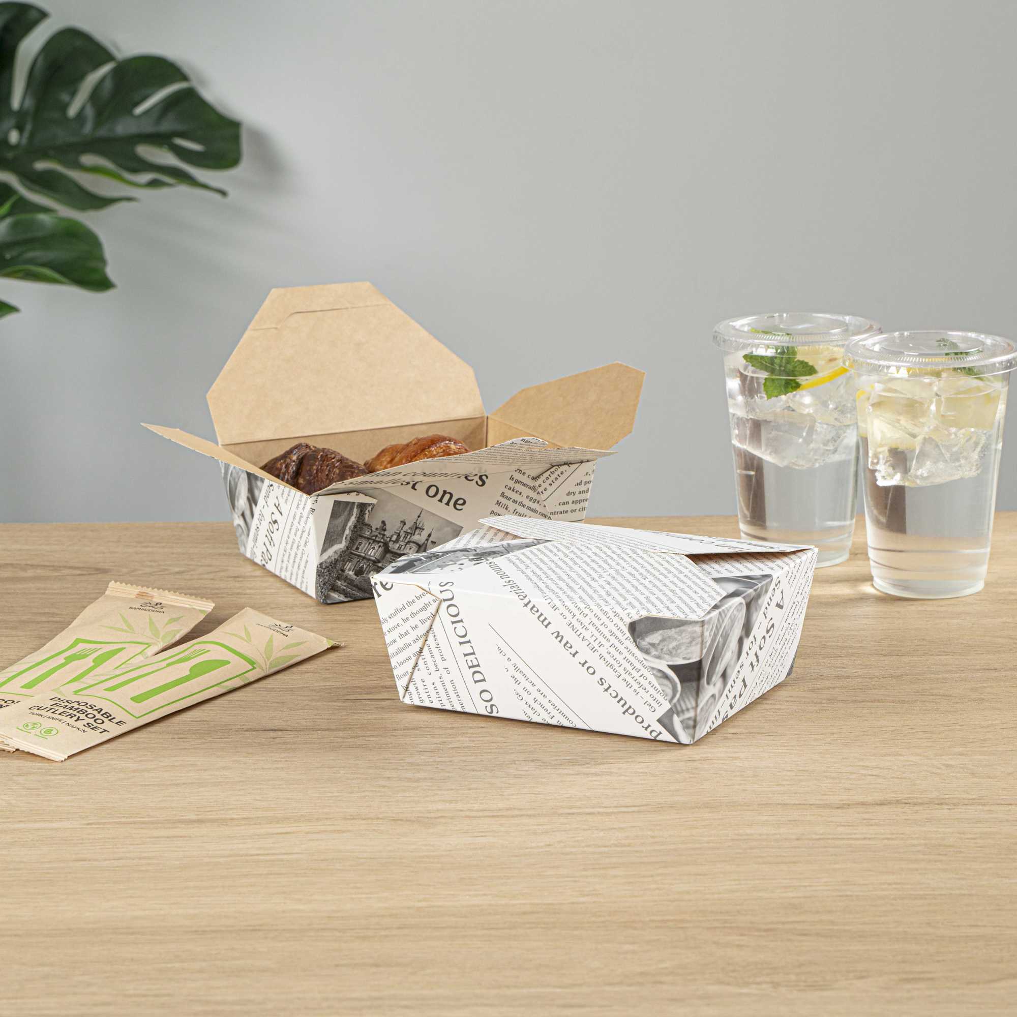 Bio Tek 45 oz Rectangle Newsprint Paper #8 Bio Box Take Out Container - 6 3/4" x 5 1/2" x 2 1/2" - 50 count box