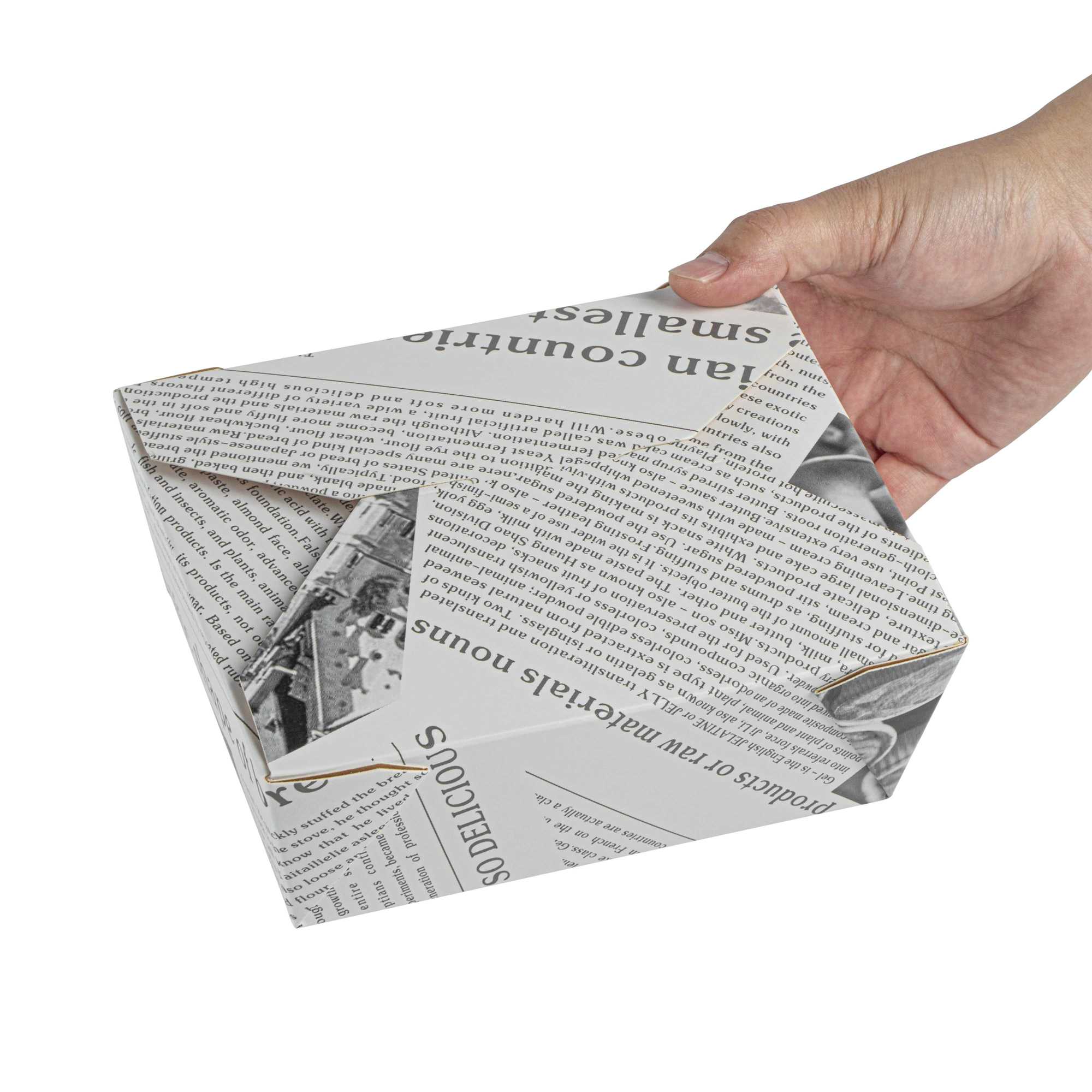 Bio Tek 45 oz Rectangle Newsprint Paper #8 Bio Box Take Out Container - 6 3/4" x 5 1/2" x 2 1/2" - 200 count box