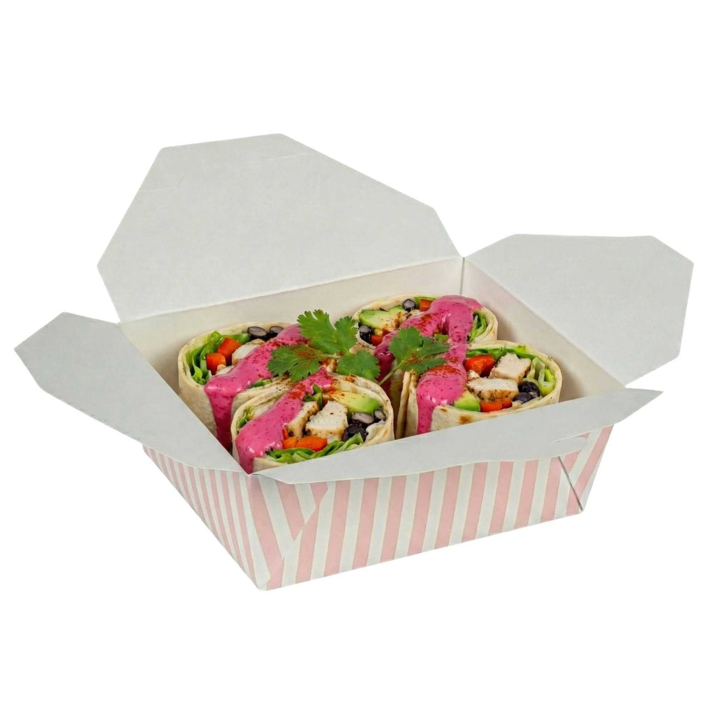 Bio Tek 45 oz Rectangle Pink and White Stripe Paper #8 Bio Box Take Out Container - 6 3/4" x 5 1/2" x 2 1/2" - 50 count box