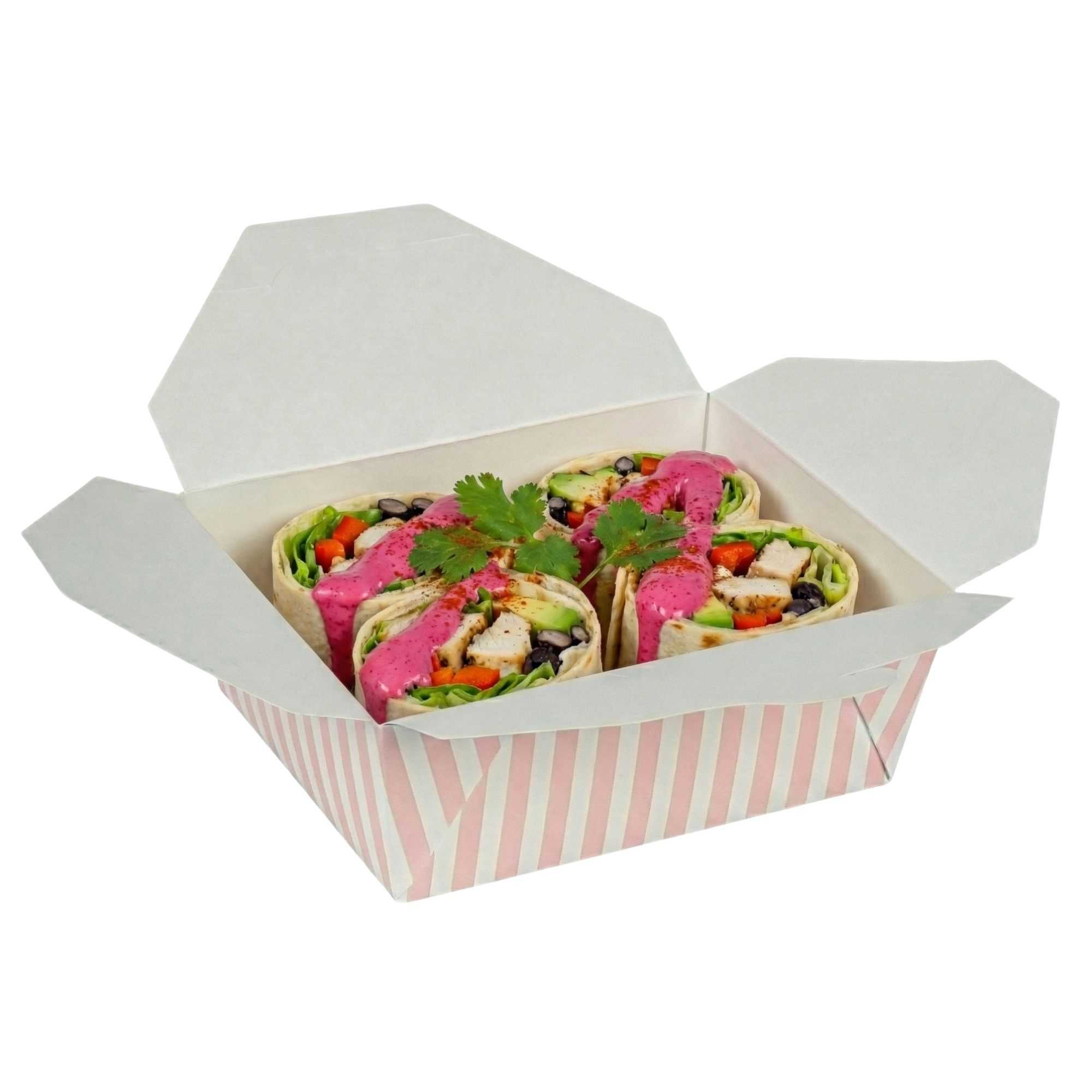 Bio Tek 45 oz Rectangle Pink and White Stripe Paper #8 Bio Box Take Out Container - 6 3/4" x 5 1/2" x 2 1/2" - 50 count box