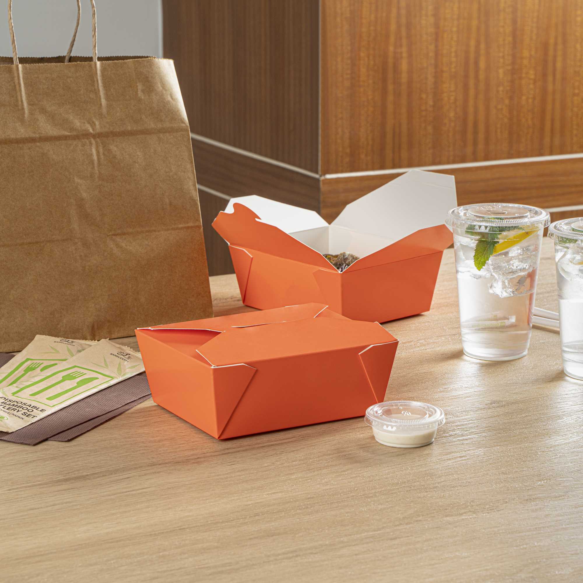 Bio Tek 45 oz Rectangle Tangerine Orange Paper #8 Bio Box Take Out Container - 6 3/4" x 5 1/2" x 2 1/2" - 50 count box