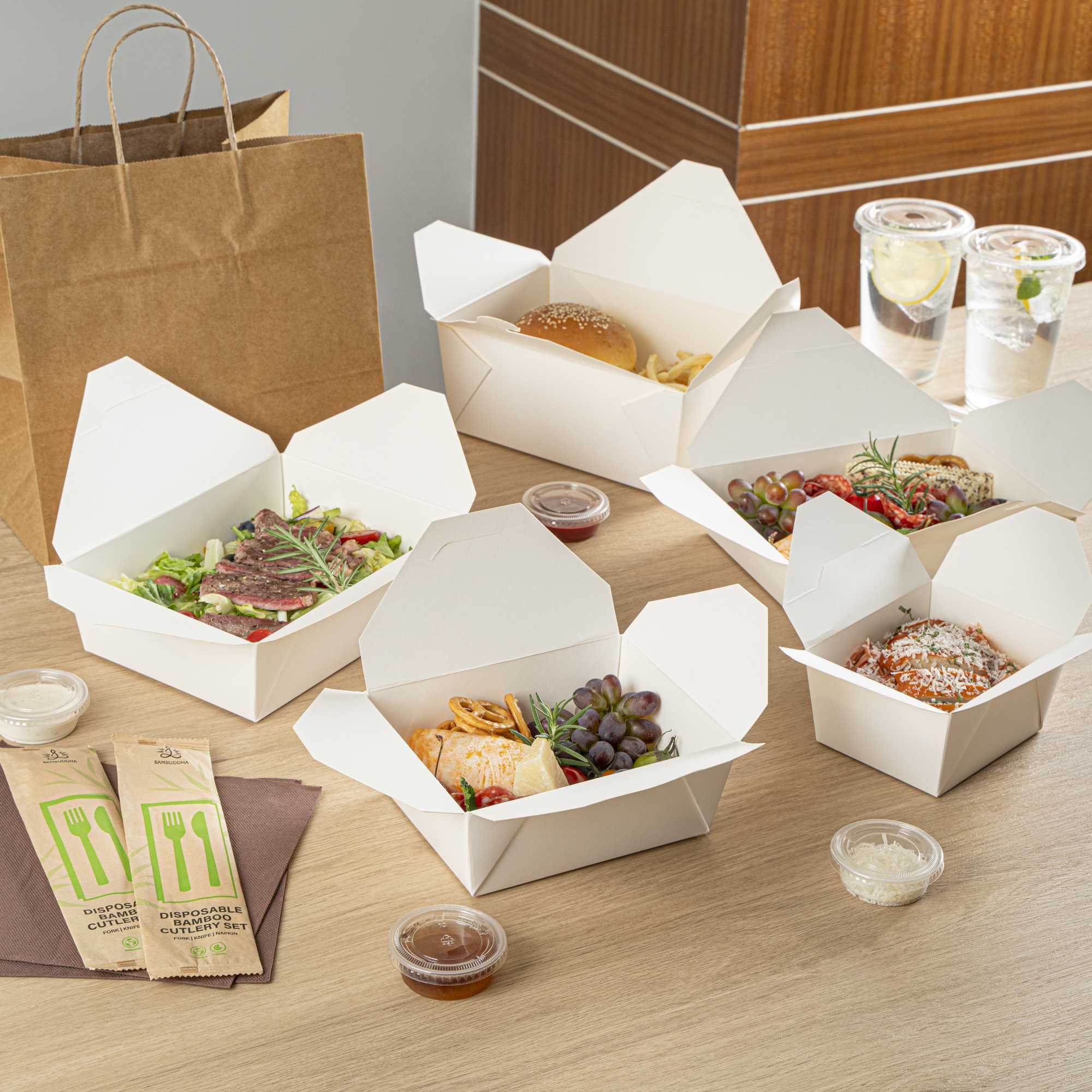 Bio Tek 45 oz Rectangle White Paper #8 Bio Box Take Out Container - 6 3/4" x 5 1/2" x 2 1/2" - 50 count box