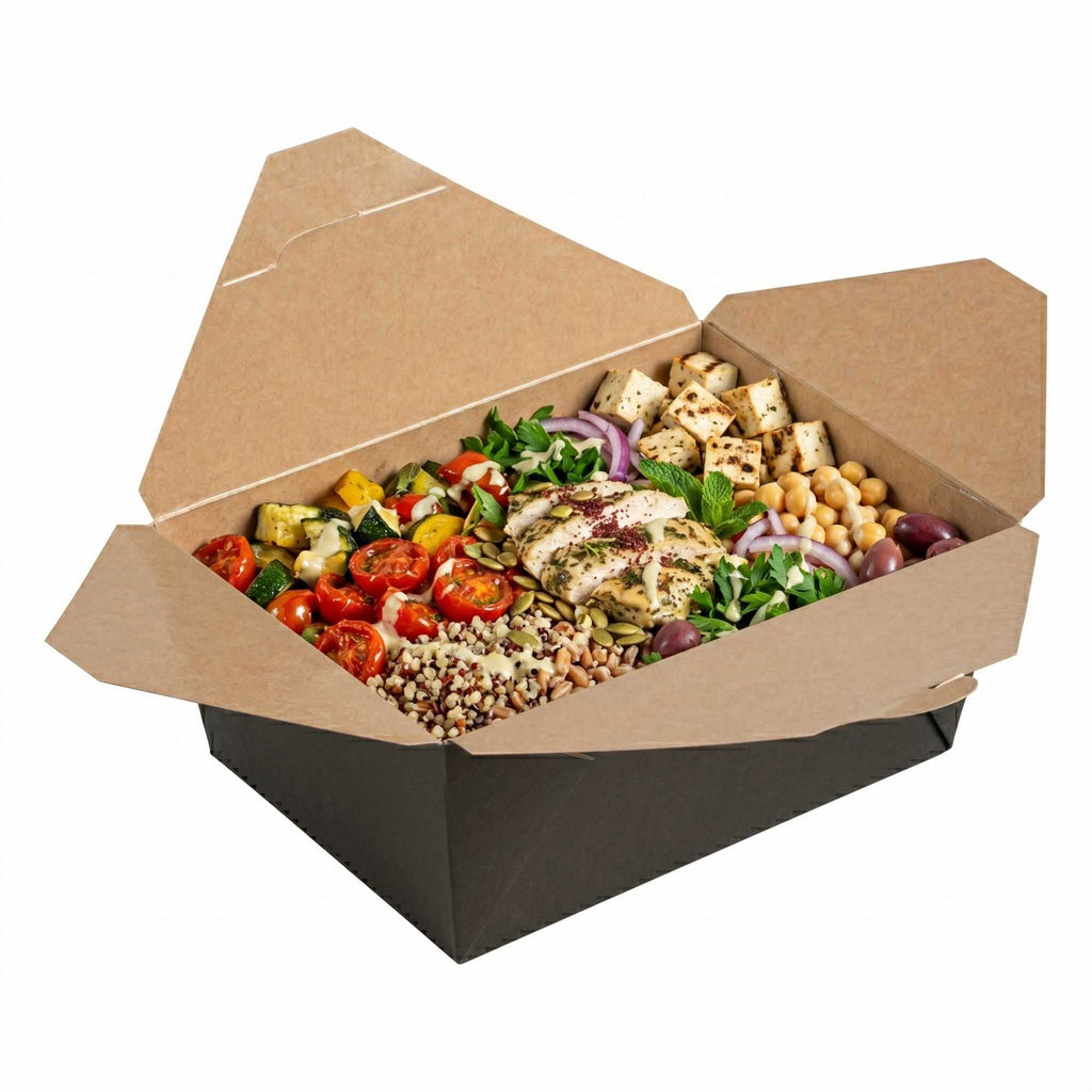 Bio Tek 98 oz Rectangle Black Paper #4 Bio Box Take Out Container - 8 1/2" x 6 1/4" x 3 1/2" - 50 count box