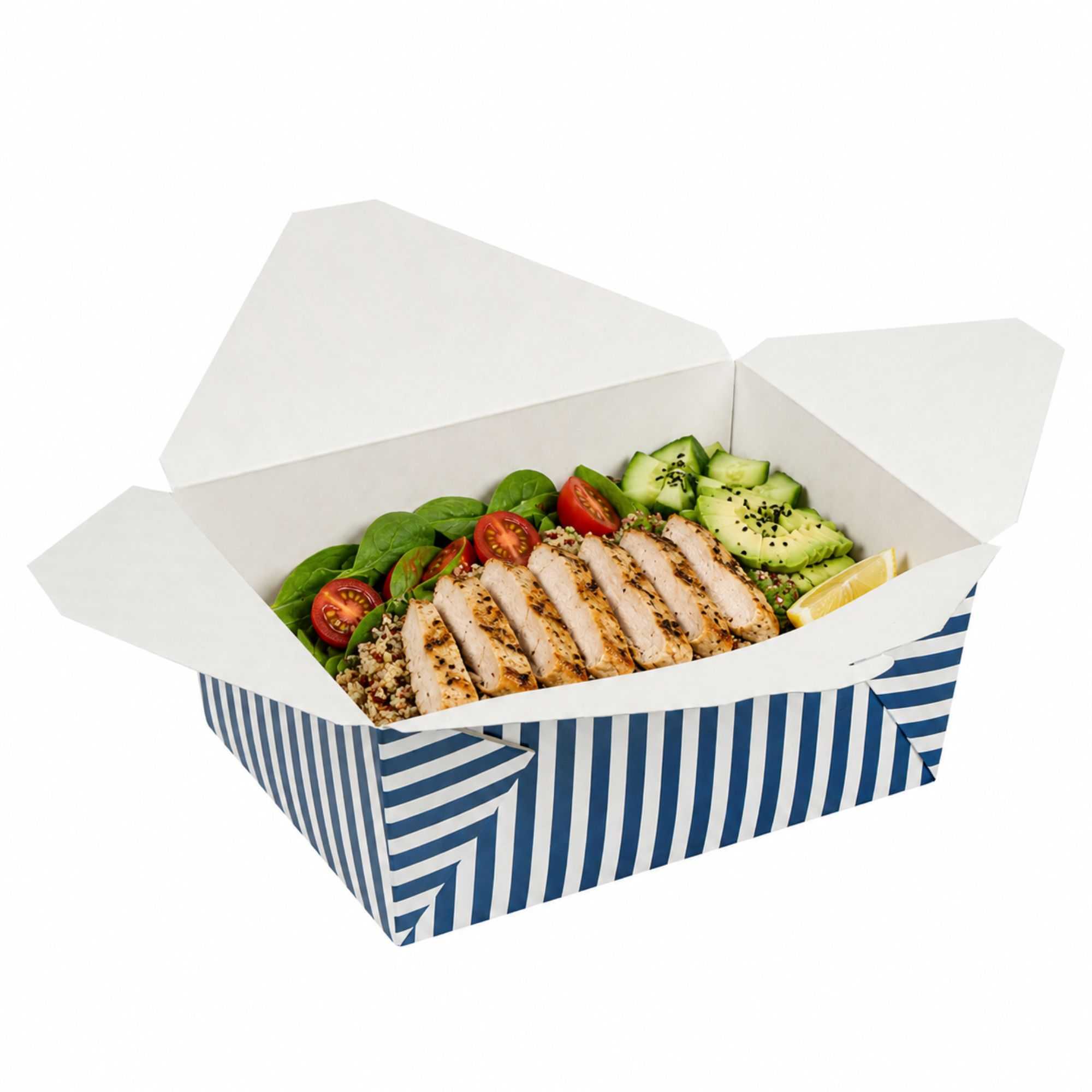 Bio Tek 98 oz Blue and White Stripe Paper #4 Bio Box Take Out Container - 8 1/2" x 6 1/4" x 3 1/2" - 200 count box