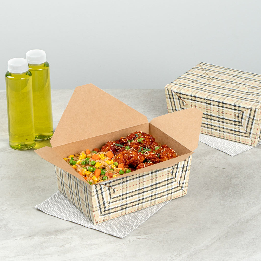 Bio Tek 98 oz Plaid Paper #4 Bio Box Take Out Container - 8 1/2" x 6 1/4" x 3 1/2" - 200 count box
