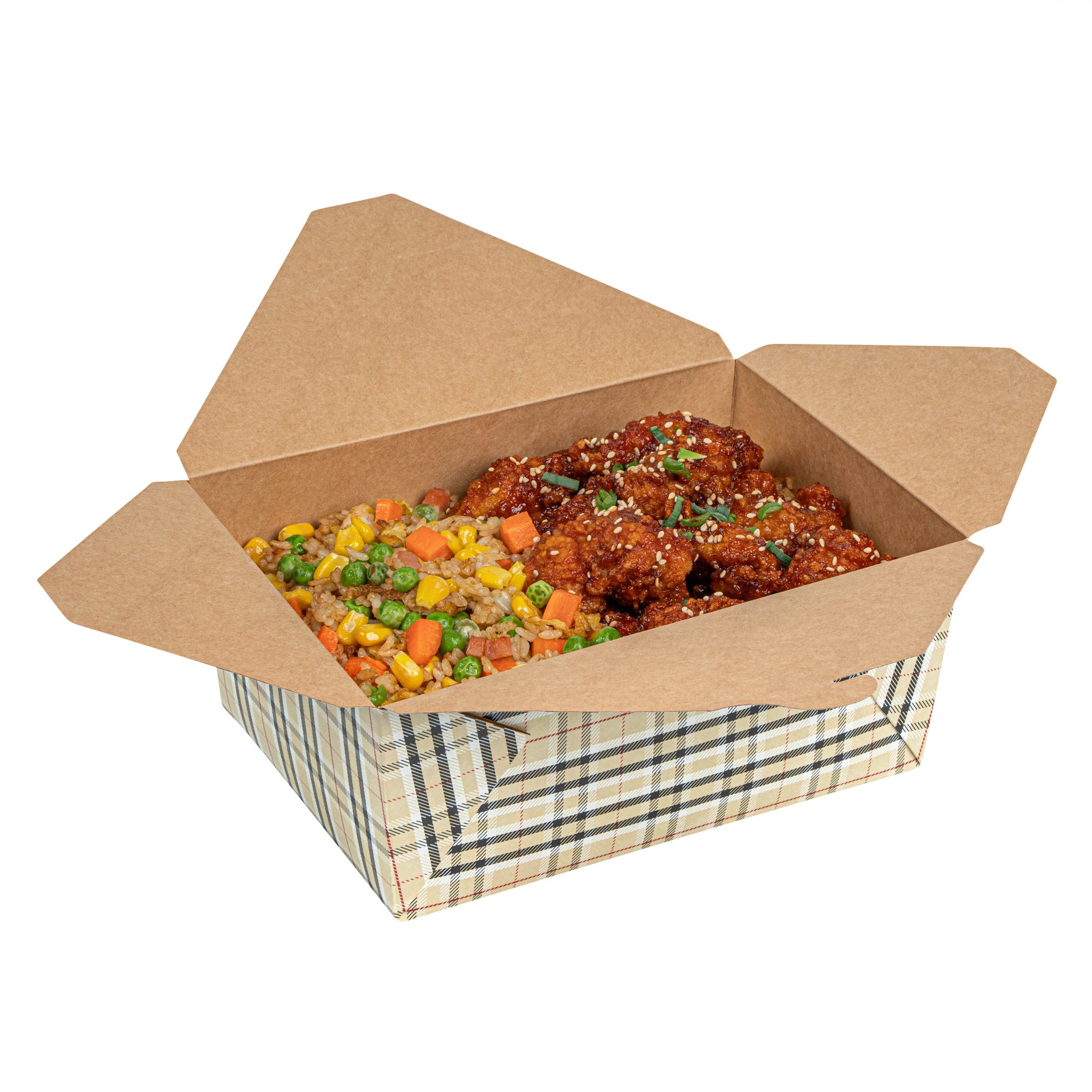 Bio Tek 98 oz Plaid Paper #4 Bio Box Take Out Container - 8 1/2" x 6 1/4" x 3 1/2" - 50 count box