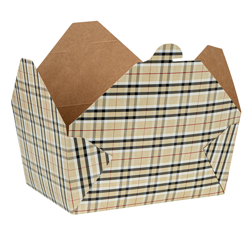 Bio Tek 98 oz Plaid Paper #4 Bio Box Take Out Container - 8 1/2" x 6 1/4" x 3 1/2" - 50 count box