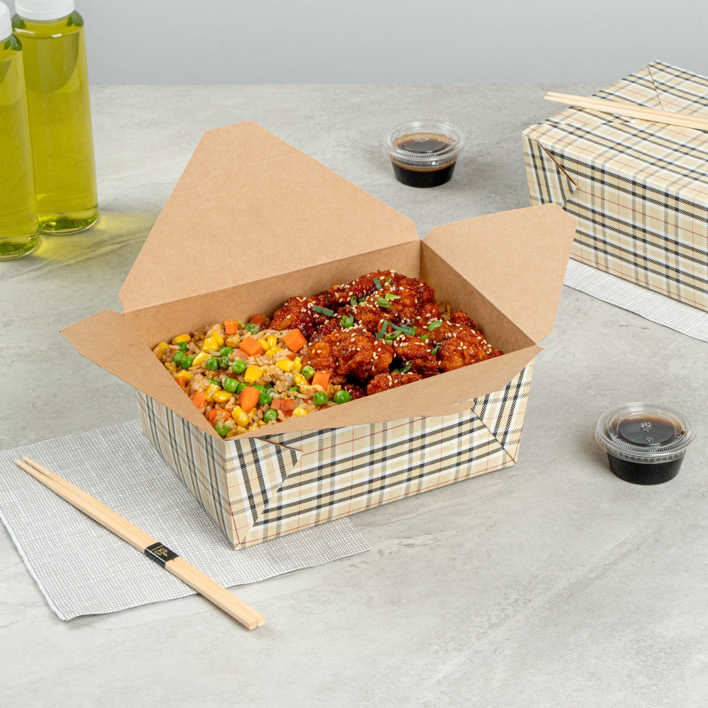 Bio Tek 98 oz Plaid Paper #4 Bio Box Take Out Container - 8 1/2" x 6 1/4" x 3 1/2" - 50 count box
