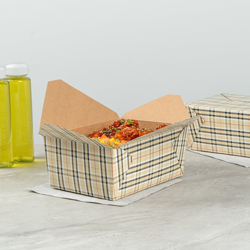 Bio Tek 98 oz Plaid Paper #4 Bio Box Take Out Container - 8 1/2" x 6 1/4" x 3 1/2" - 200 count box