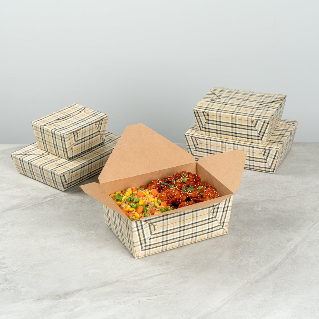 Bio Tek 98 oz Plaid Paper #4 Bio Box Take Out Container - 8 1/2" x 6 1/4" x 3 1/2" - 200 count box