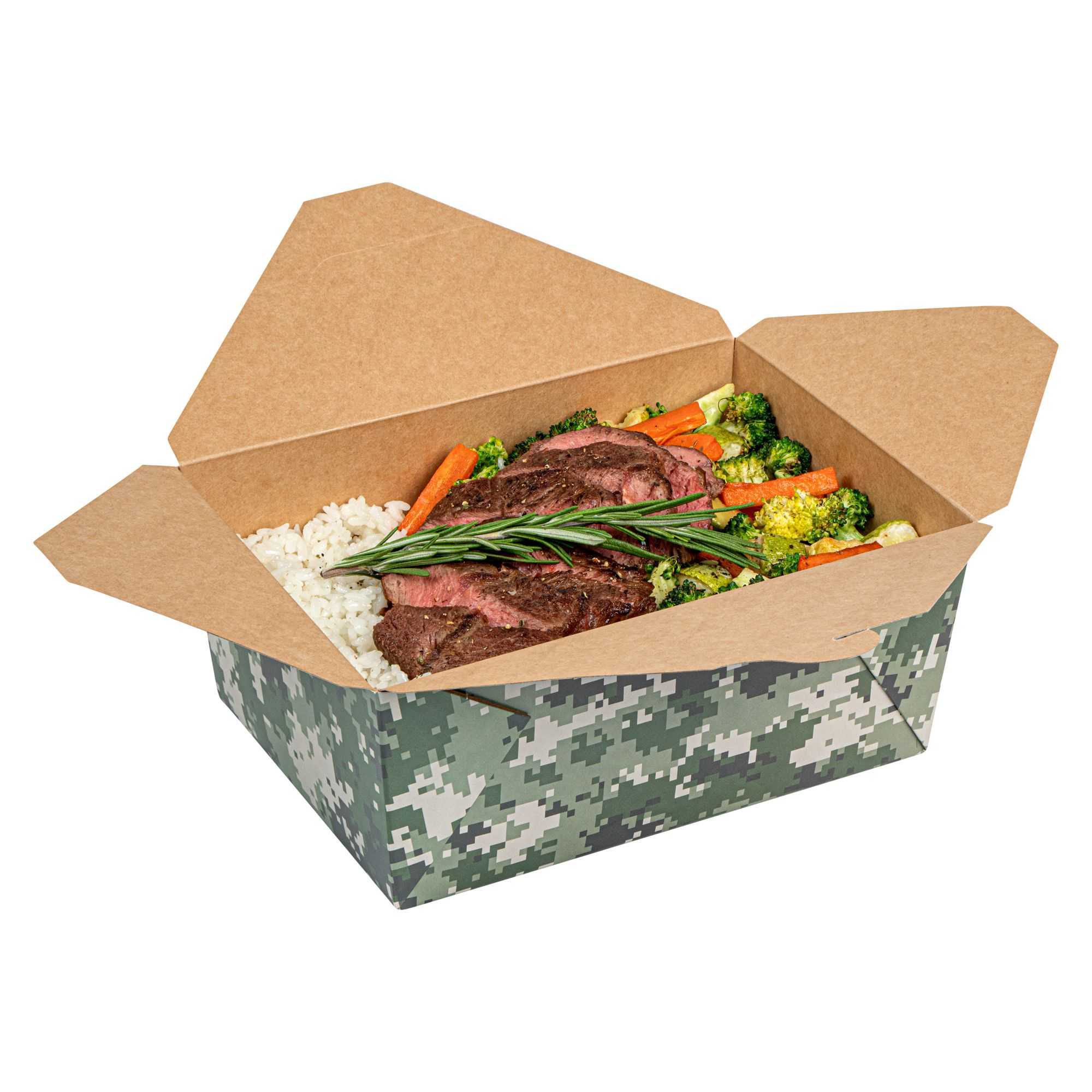 Bio Tek 98 oz Camouflage Paper #4 Bio Box Take Out Container - 8 1/2" x 6 1/4" x 3 1/2" - 50 count box