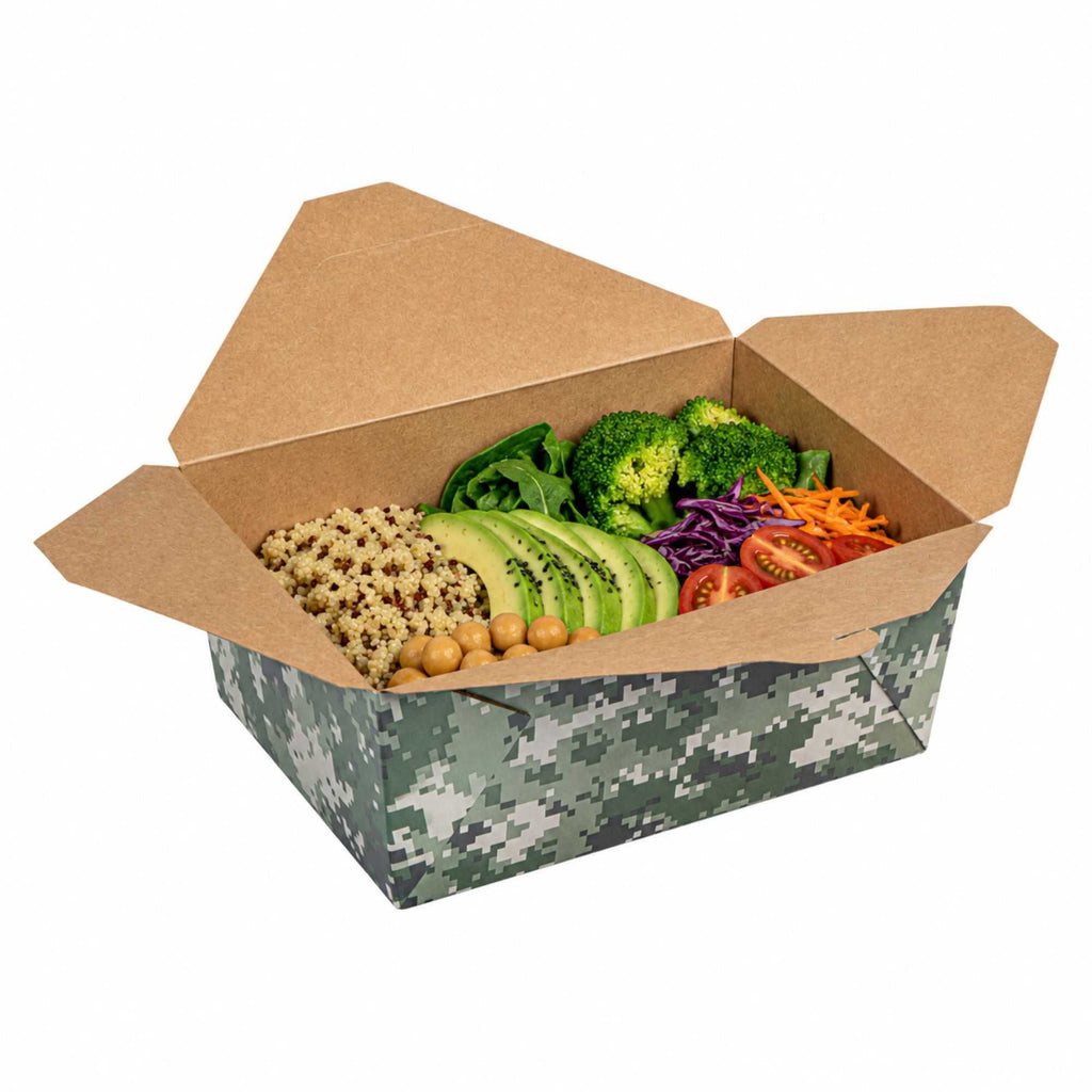 Bio Tek 98 oz Camouflage Paper #4 Bio Box Take Out Container - 8 1/2" x 6 1/4" x 3 1/2" - 200 count box