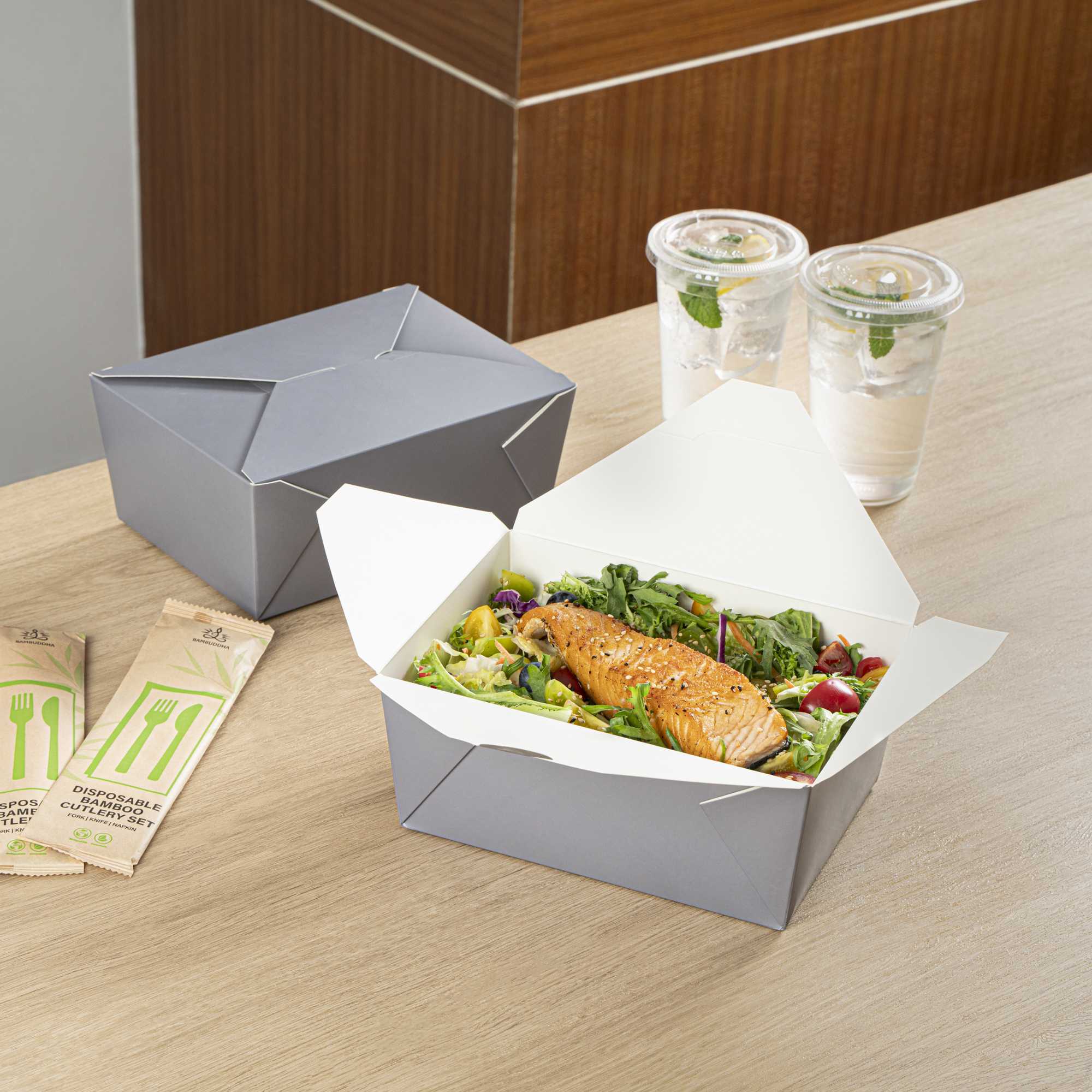Bio Tek 98 oz Rectangle Gray Paper #4 Bio Box Take Out Container - 8 1/2" x 6 1/4" x 3 1/2" - 200 count box