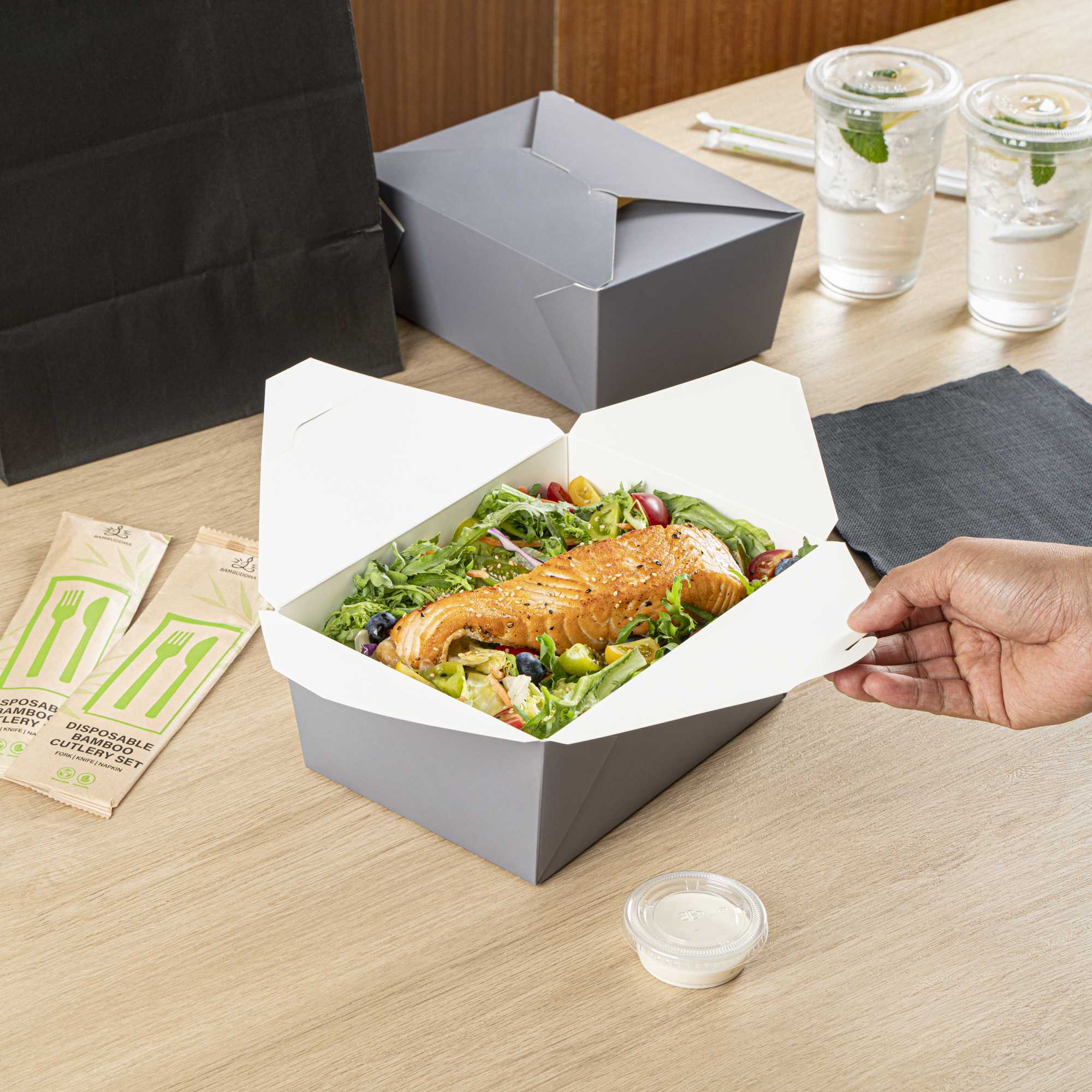 Bio Tek 98 oz Rectangle Gray Paper #4 Bio Box Take Out Container - 8 1/2" x 6 1/4" x 3 1/2" - 200 count box