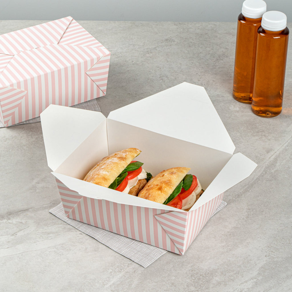 Bio Tek 98 oz Pink and White Stripe Paper #4 Bio Box Take Out Container - 8 1/2" x 6 1/4" x 3 1/2" - 200 count box