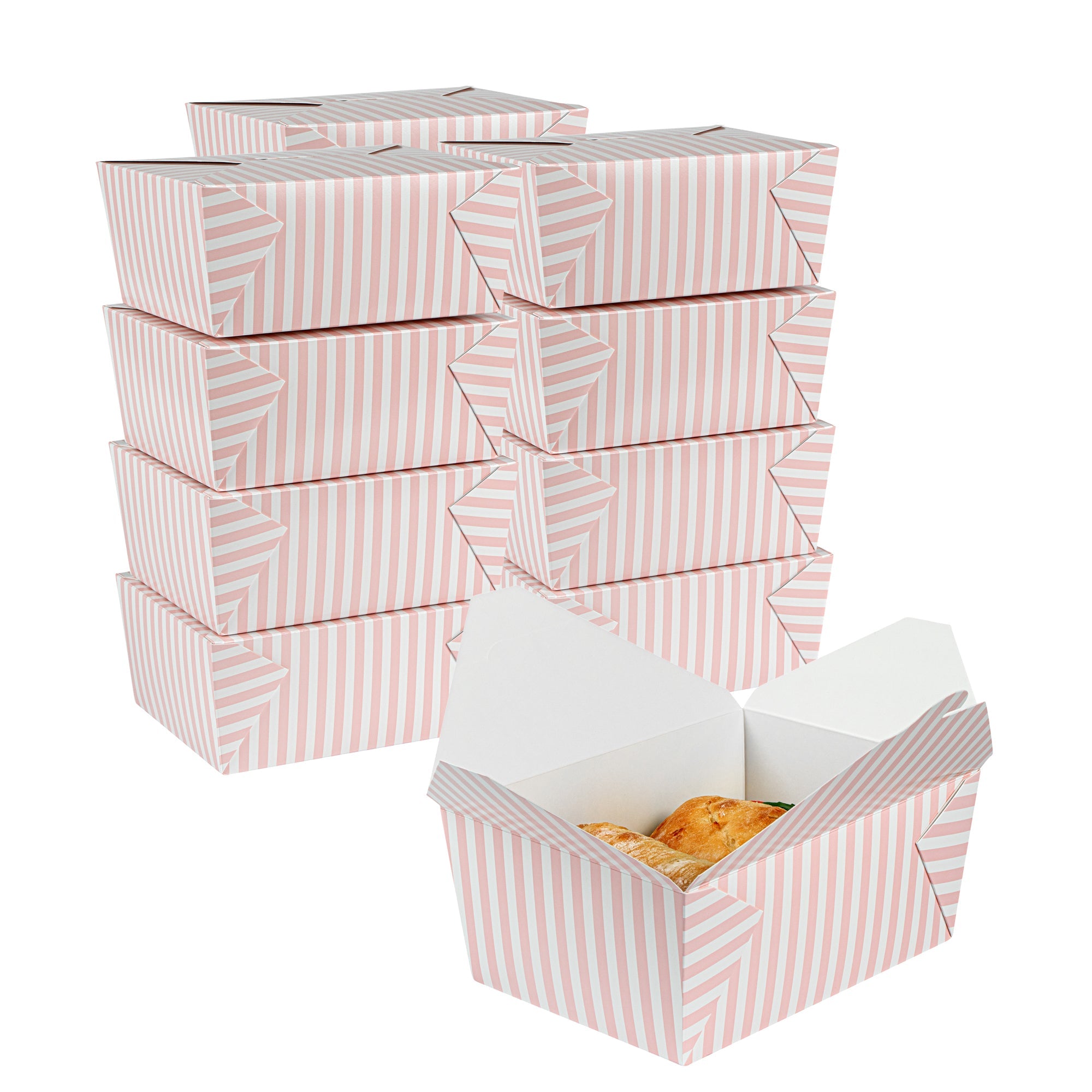 Bio Tek 98 oz Pink and White Stripe Paper #4 Bio Box Take Out Container - 8 1/2" x 6 1/4" x 3 1/2" - 50 count box