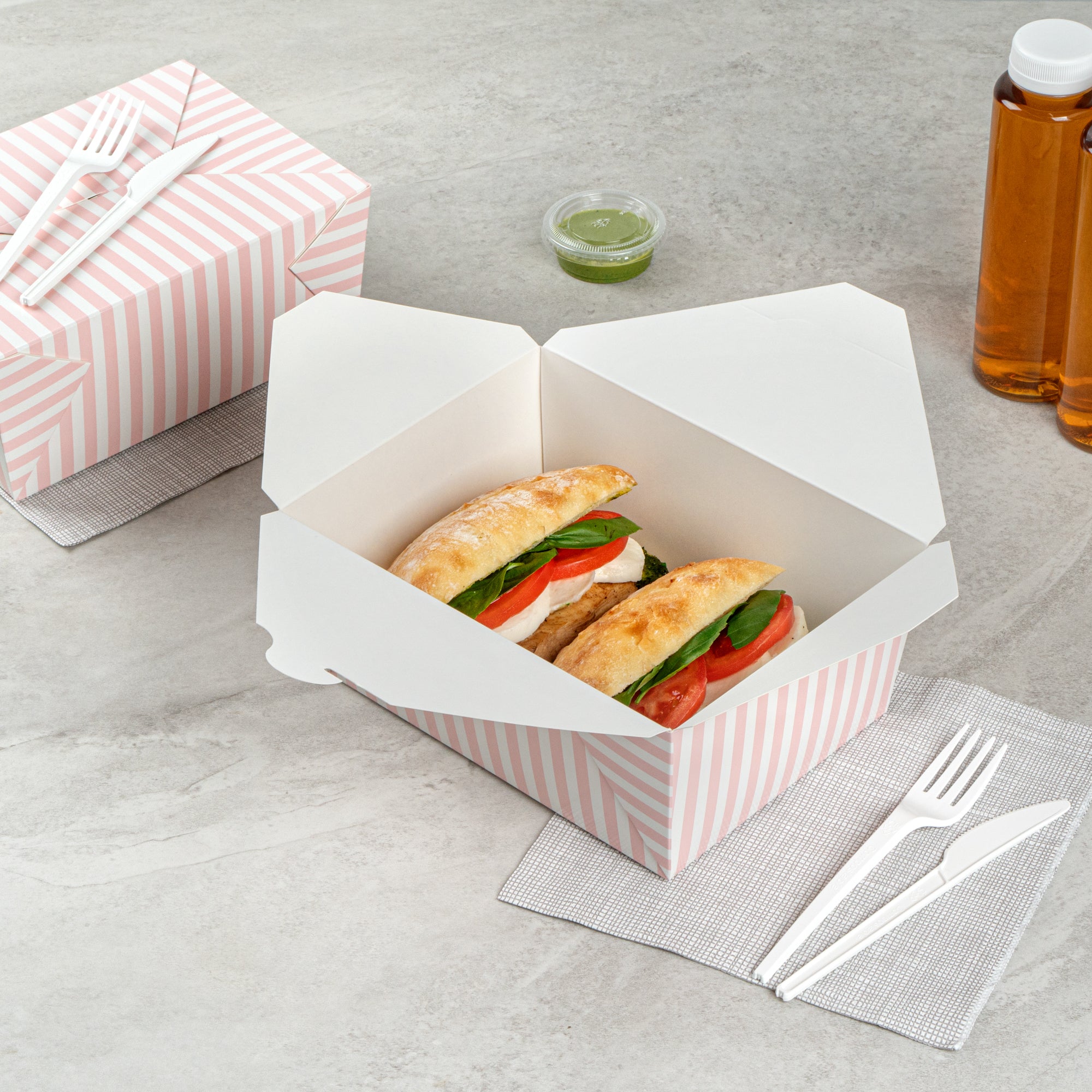 Bio Tek 98 oz Pink and White Stripe Paper #4 Bio Box Take Out Container - 8 1/2" x 6 1/4" x 3 1/2" - 50 count box