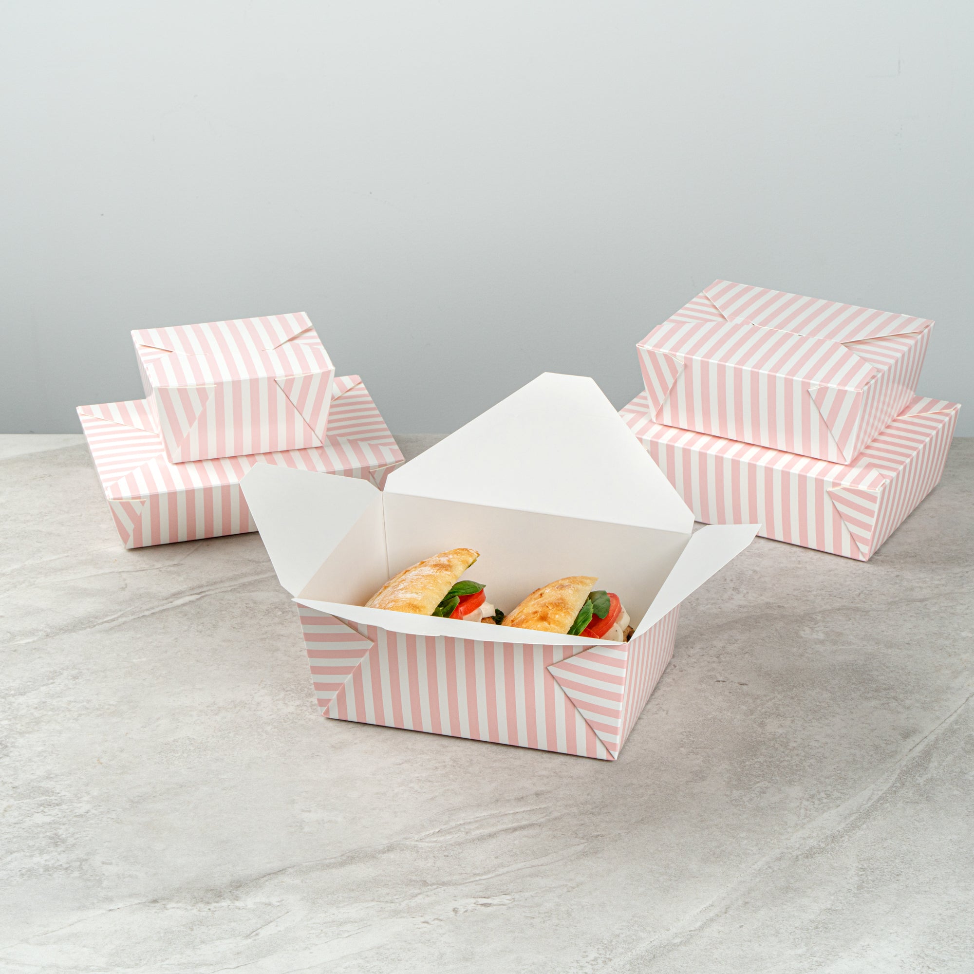 Bio Tek 98 oz Pink and White Stripe Paper #4 Bio Box Take Out Container - 8 1/2" x 6 1/4" x 3 1/2" - 200 count box
