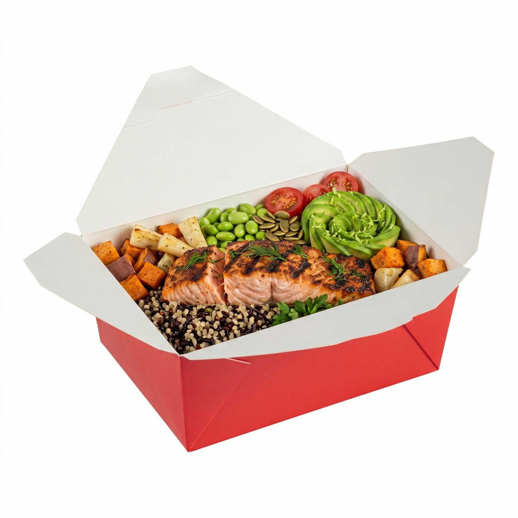 Bio Tek 98 oz Rectangle Red Paper #4 Bio Box Take Out Container - 8 1/2" x 6 1/4" x 3 1/2" - 50 count box