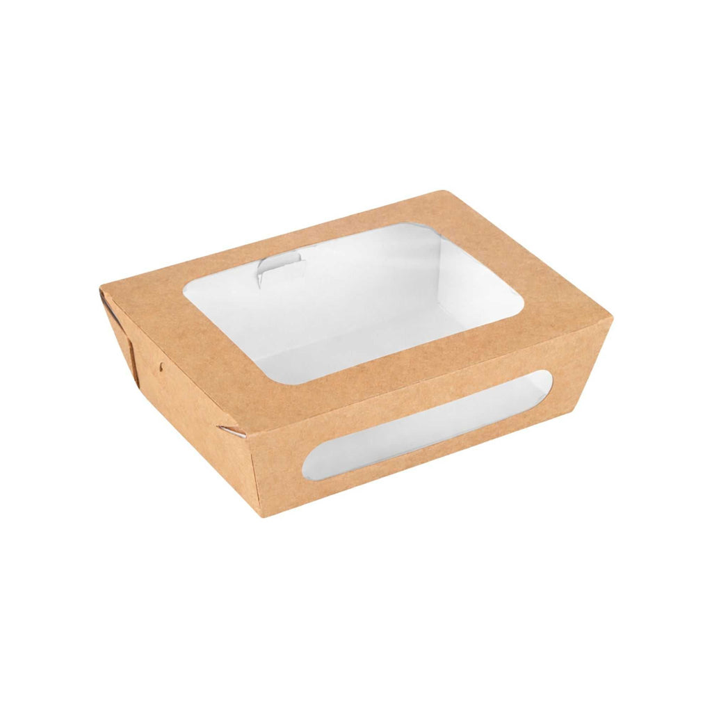 Cafe Vision 28 oz Rectangle Kraft Paper Small Bio Take Out Container - Two Windows - 6 1/4" x 4 3/4" x 2" - 50 count box