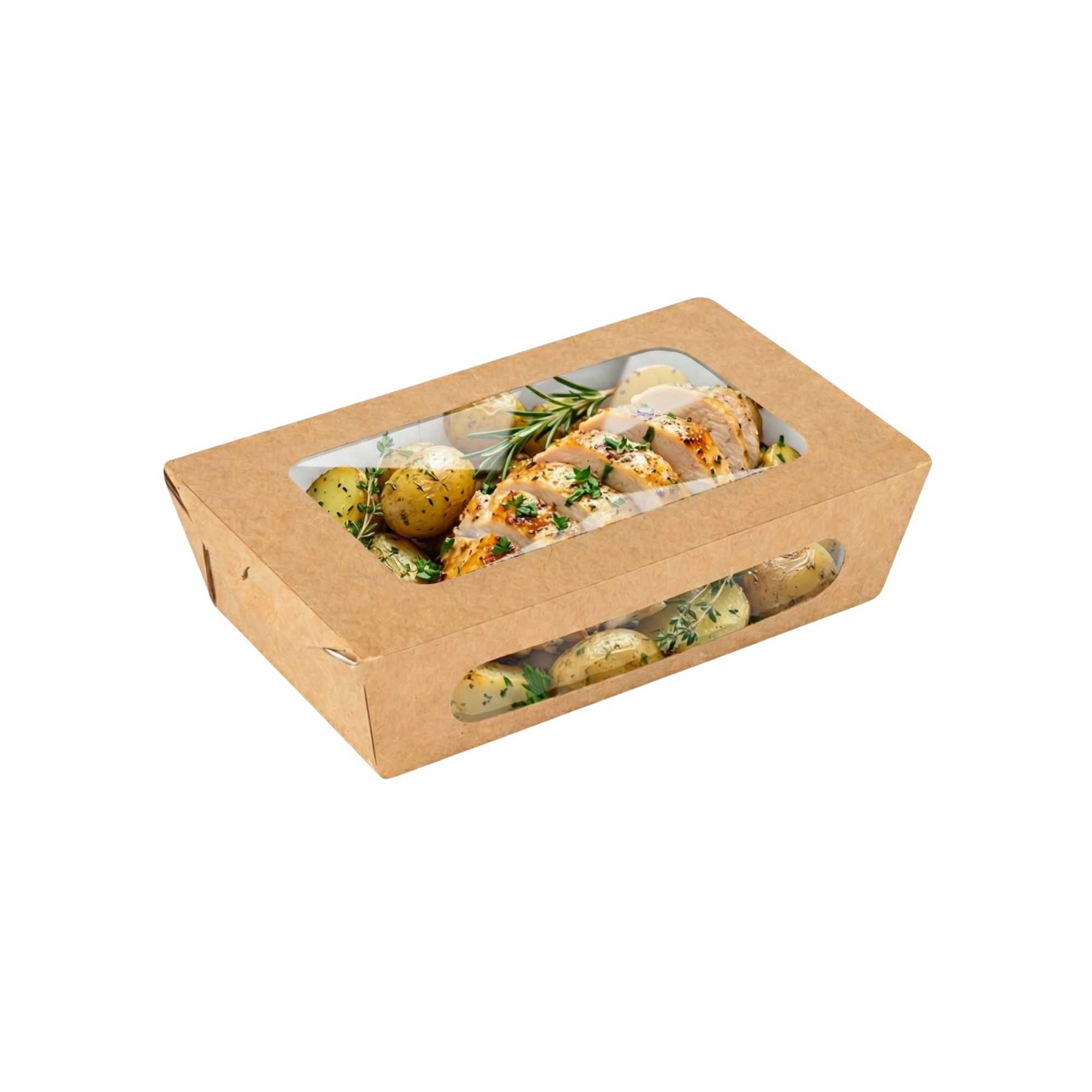Cafe Vision 35 oz Rectangle Kraft Paper Medium Bio Take Out Container - Two Windows - 8" x 4 3/4" x 2" - 50 count box