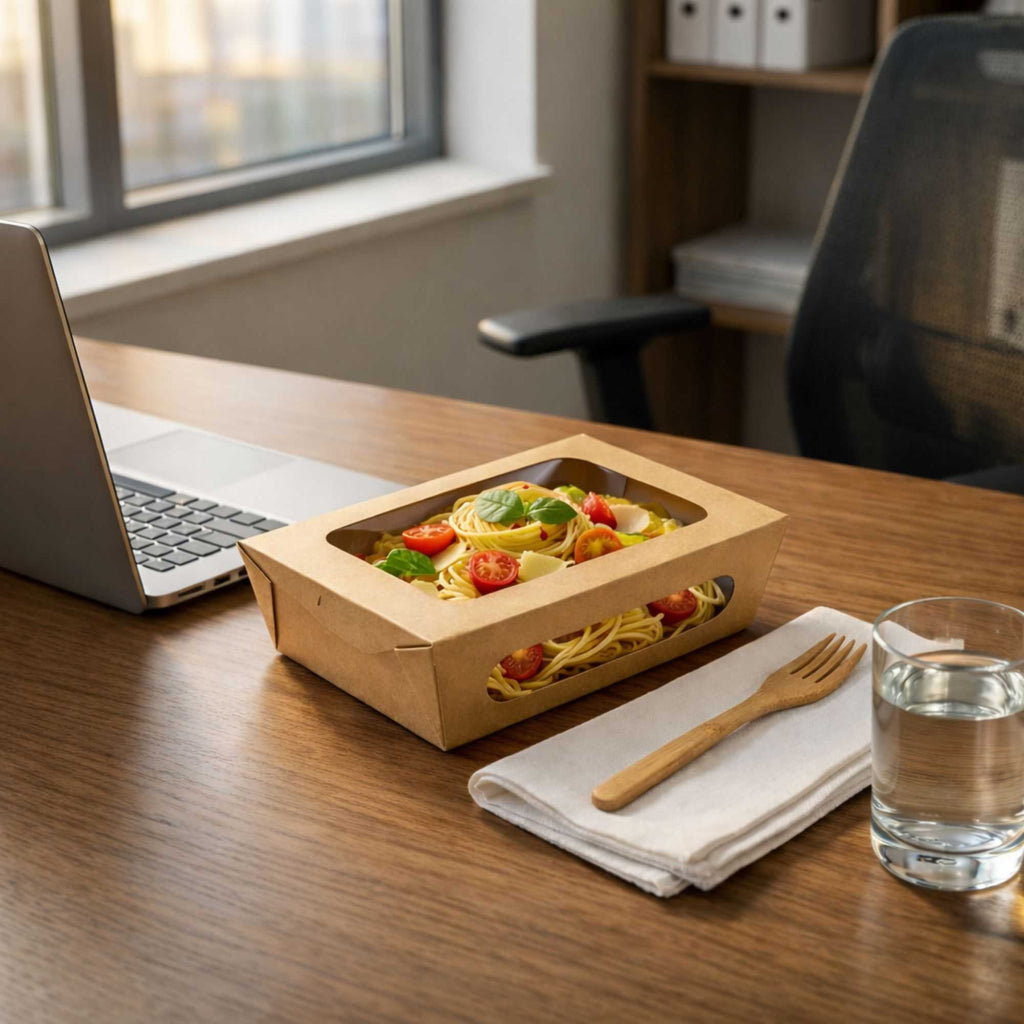 Cafe Vision 57 oz Rectangle Kraft Paper Extra Large Bio Take Out Container - Two Windows - 8" x 5 1/2" x 2 1/2" - 50 count box