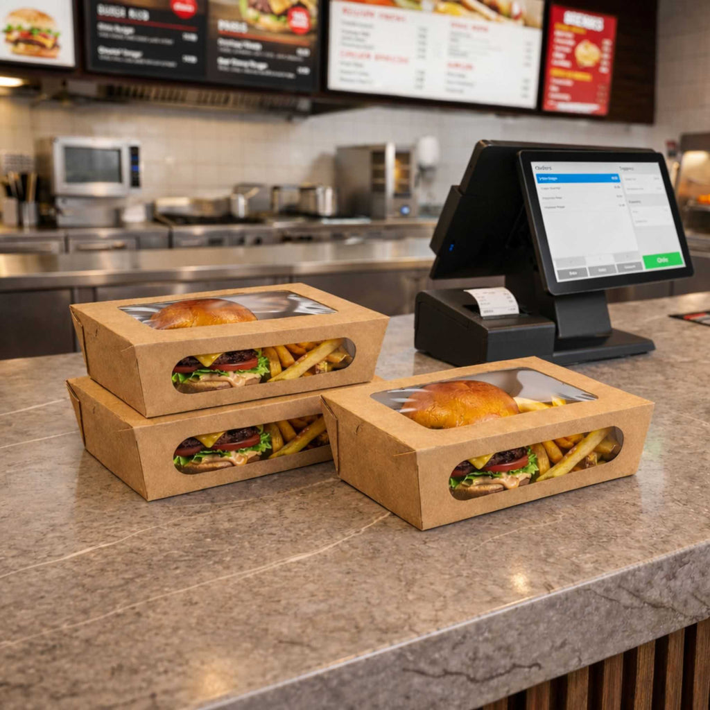 Cafe Vision 57 oz Rectangle Kraft Paper Extra Large Bio Take Out Container - Two Windows - 8" x 5 1/2" x 2 1/2" - 50 count box