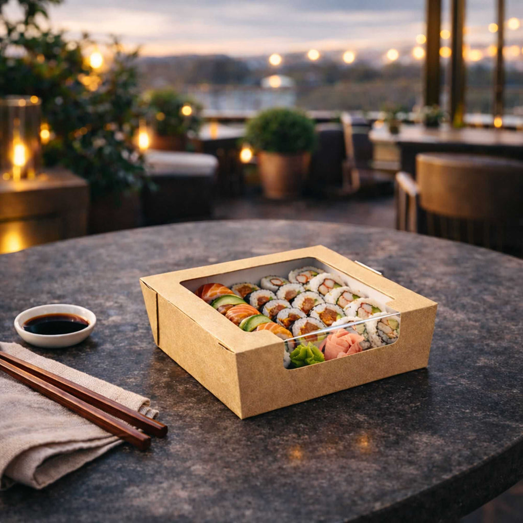 Cafe Vision 26 oz Rectangle Kraft Paper Medium Bio Salad Box - 5 3/4" x 5 3/4" x 1 3/4" - 50 count box