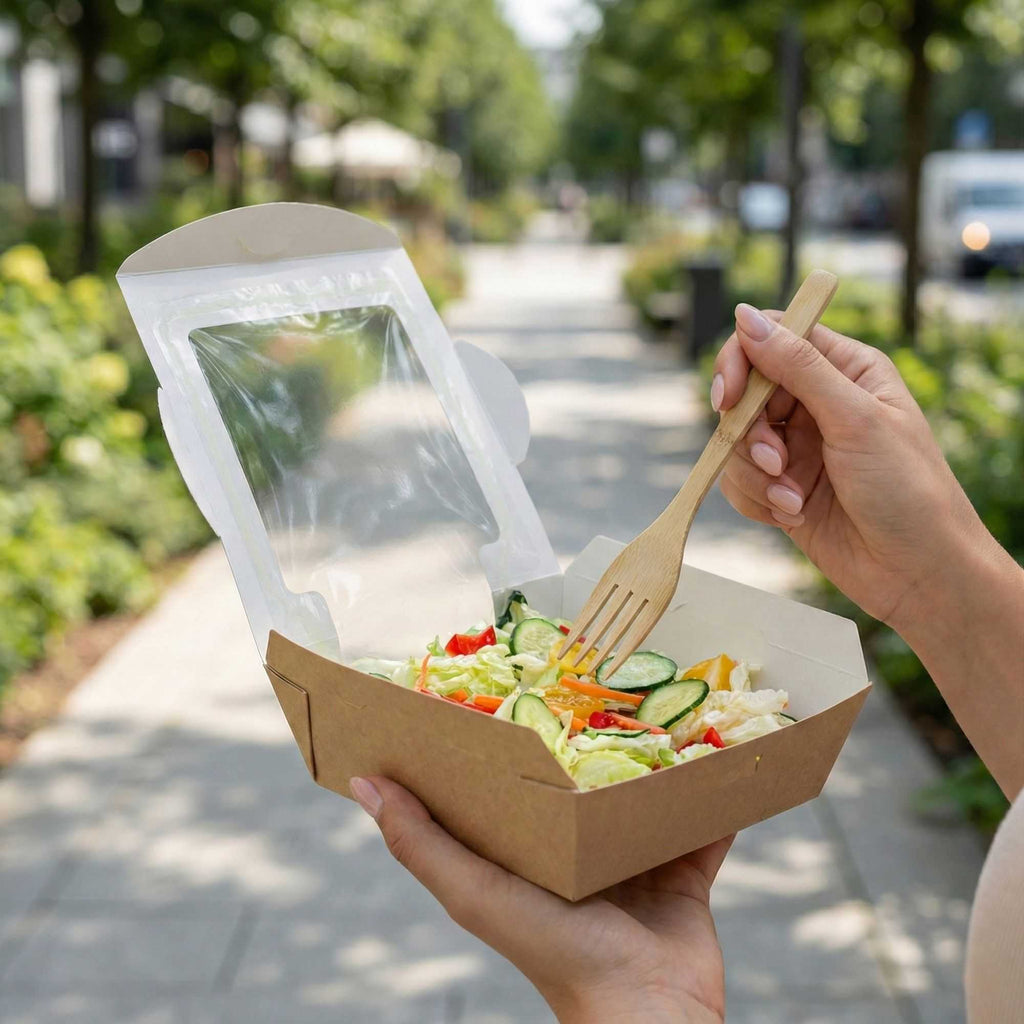 Cafe Vision 26 oz Rectangle Kraft Paper Medium Bio Salad Box - 5 3/4" x 5 3/4" x 1 3/4" - 50 count box