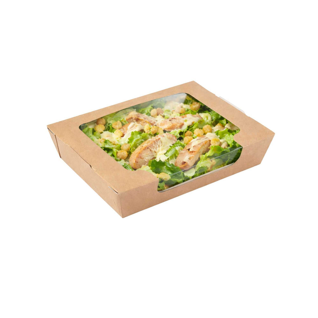 Cafe Vision 40 oz Rectangle Kraft Paper Large Bio Salad Box - 8 1/4" x 6 1/4" x 1 1/2" - 200 count box