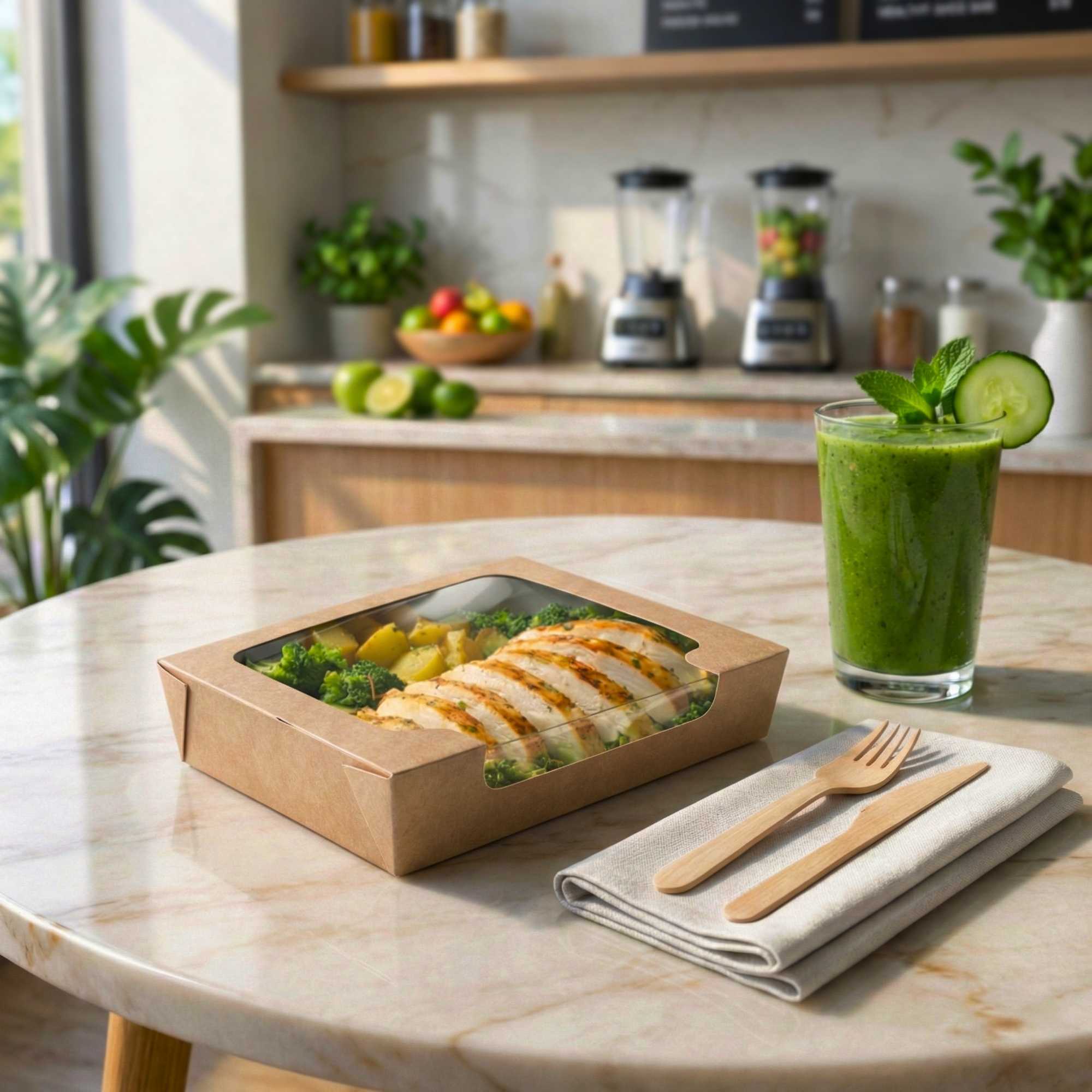 Cafe Vision 40 oz Rectangle Kraft Paper Large Bio Salad Box - 8 1/4" x 6 1/4" x 1 1/2" - 50 count box