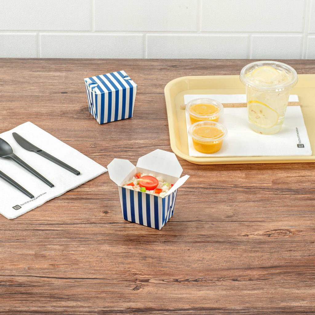 Bio Tek 8 oz Square Blue and White Stripe Paper Noodle Take Out Container - 2 3/4" x 2 1/4" x 2 1/2" - 50 count box