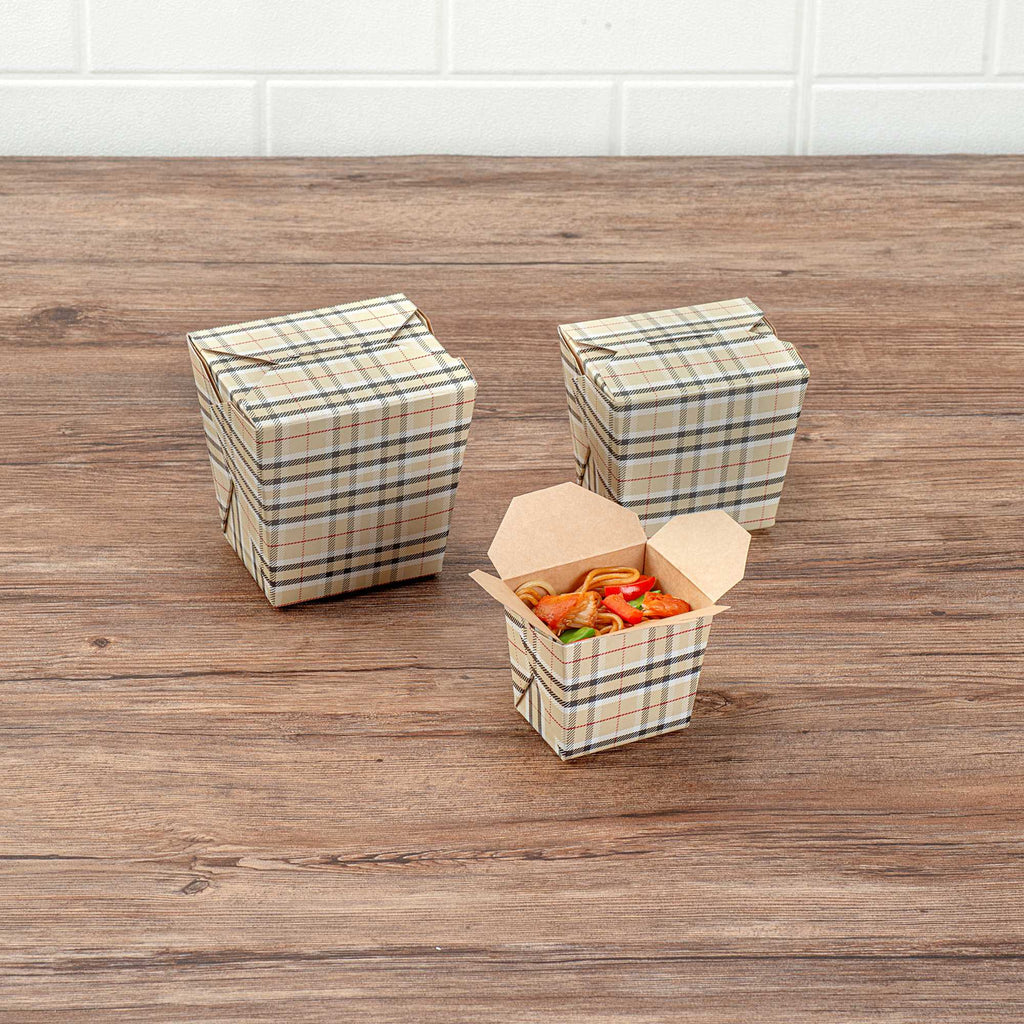 Bio Tek 8 oz Square Plaid Paper Noodle Take Out Container - 2 3/4" x 2 1/4" x 2 1/2" - 200 count box