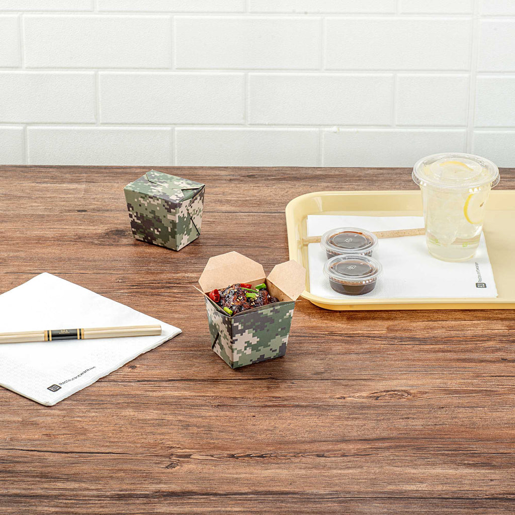 Bio Tek 8 oz Square Camouflage Paper Noodle Take Out Container - 2 3/4" x 2 1/4" x 2 1/2" - 200 count box