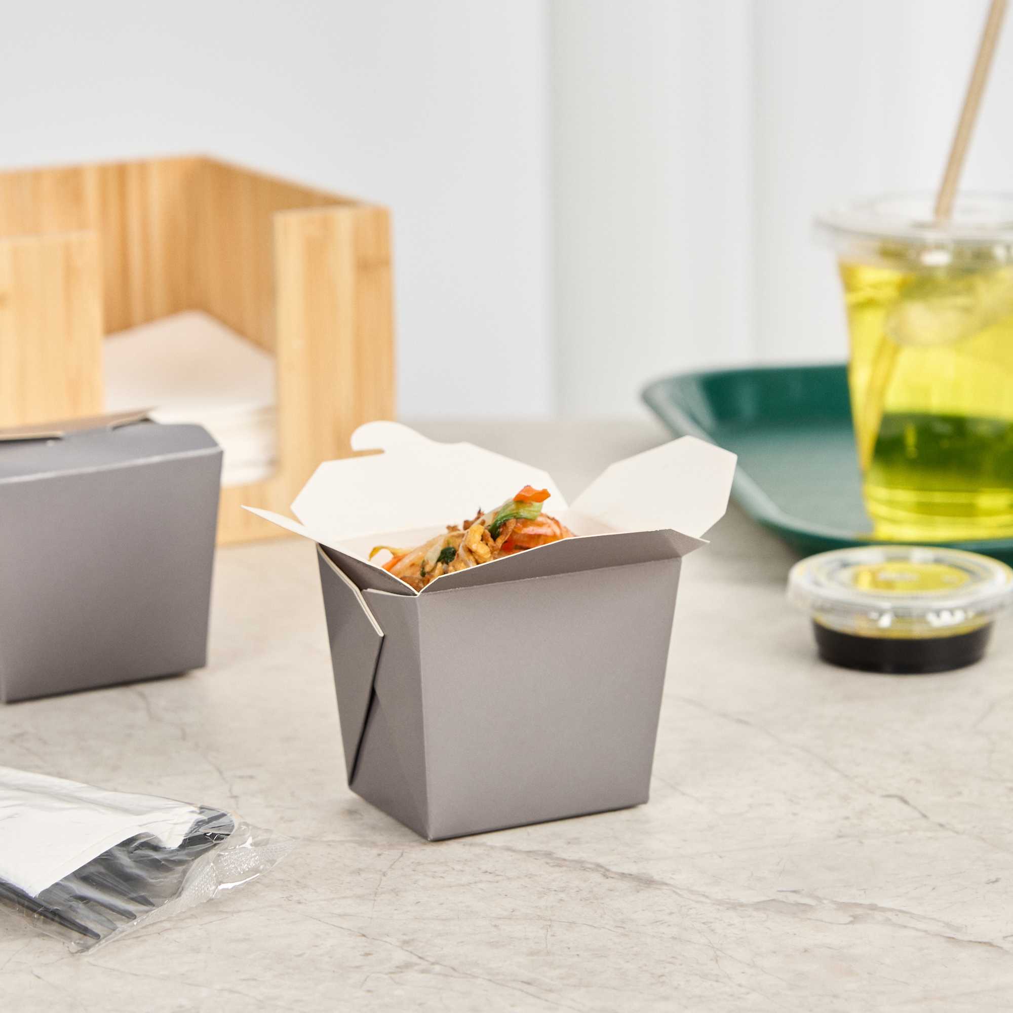 Bio Tek 8 oz Square Gray Paper Noodle Take Out Container - 2 3/4" x 2 1/4" x 2 1/2" - 25 count box