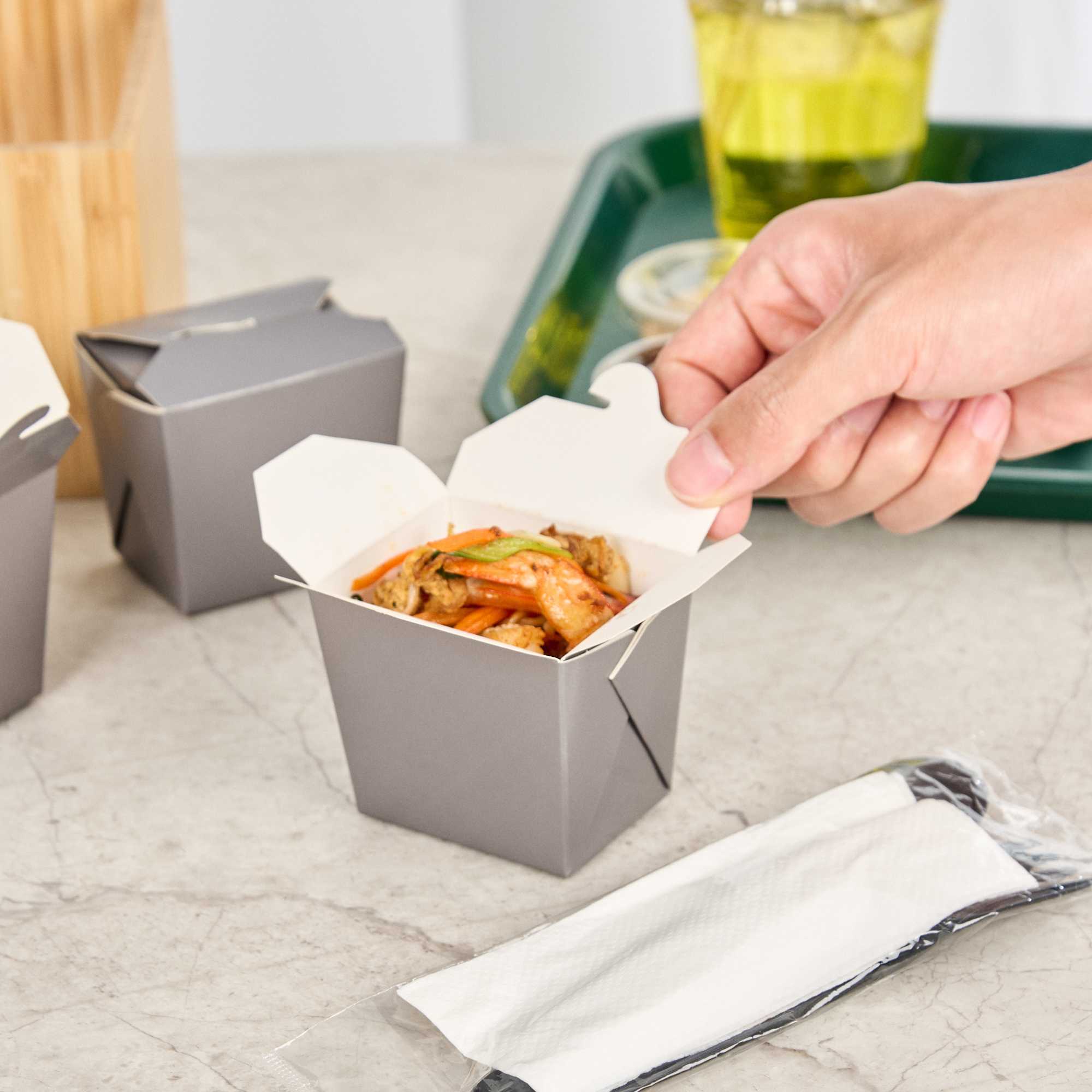 Bio Tek 8 oz Square Gray Paper Noodle Take Out Container - 2 3/4" x 2 1/4" x 2 1/2" - 25 count box