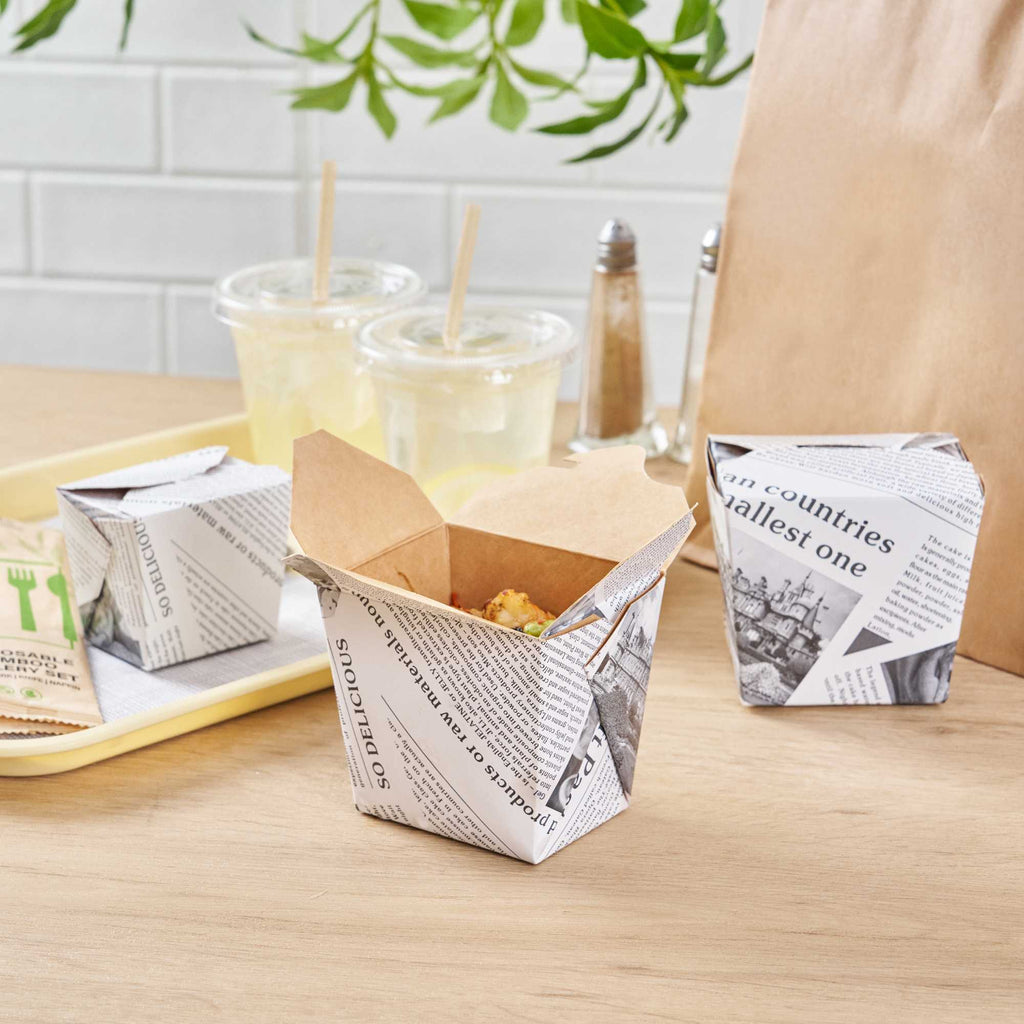 Bio Tek 8 oz Square Newsprint Paper Noodle Take Out Container - 2 3/4" x 2 1/4" x 2 1/2" - 25 count box