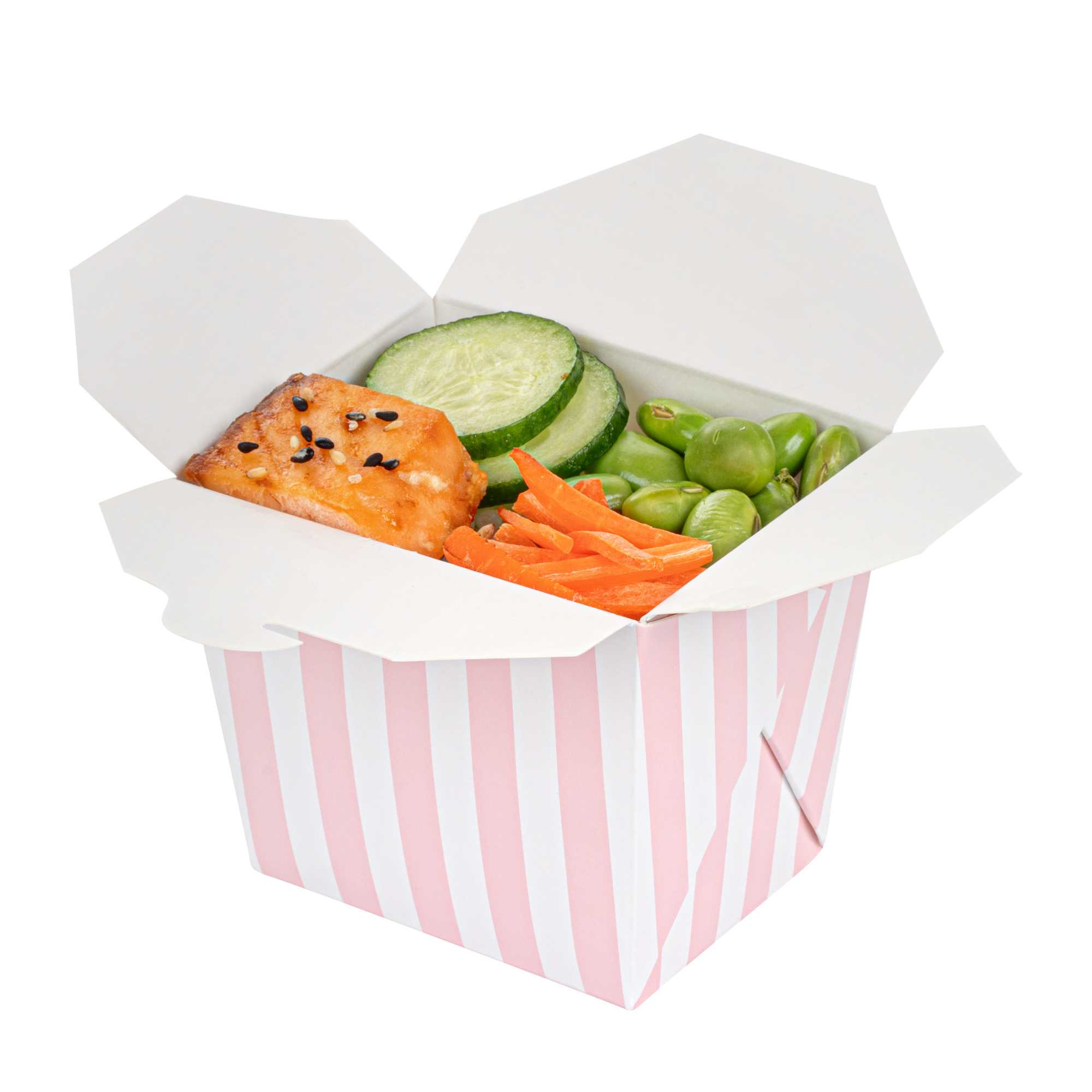 Bio Tek 8 oz Square Pink and White Stripe Paper Noodle Take Out Container - 2 3/4" x 2 1/4" x 2 1/2" - 50 count box