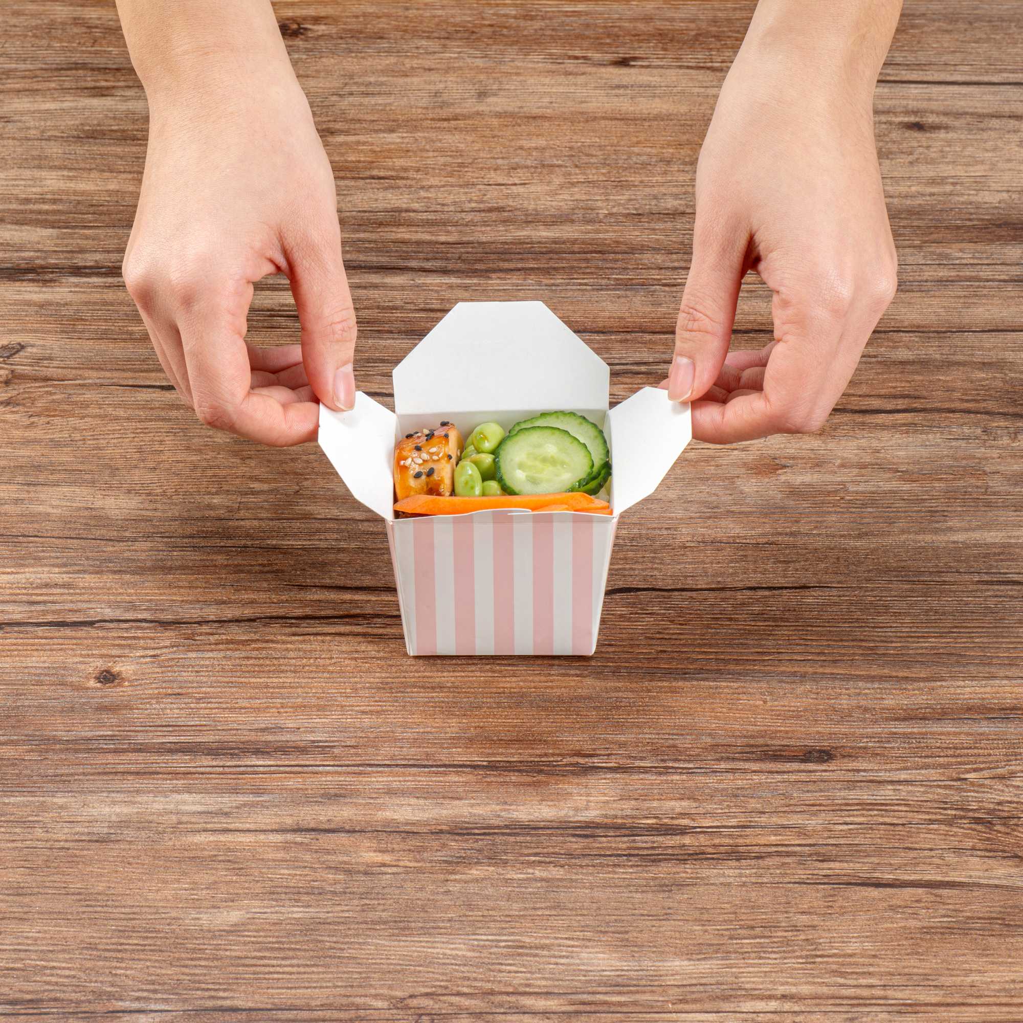 Bio Tek 8 oz Square Pink and White Stripe Paper Noodle Take Out Container - 2 3/4" x 2 1/4" x 2 1/2" - 50 count box