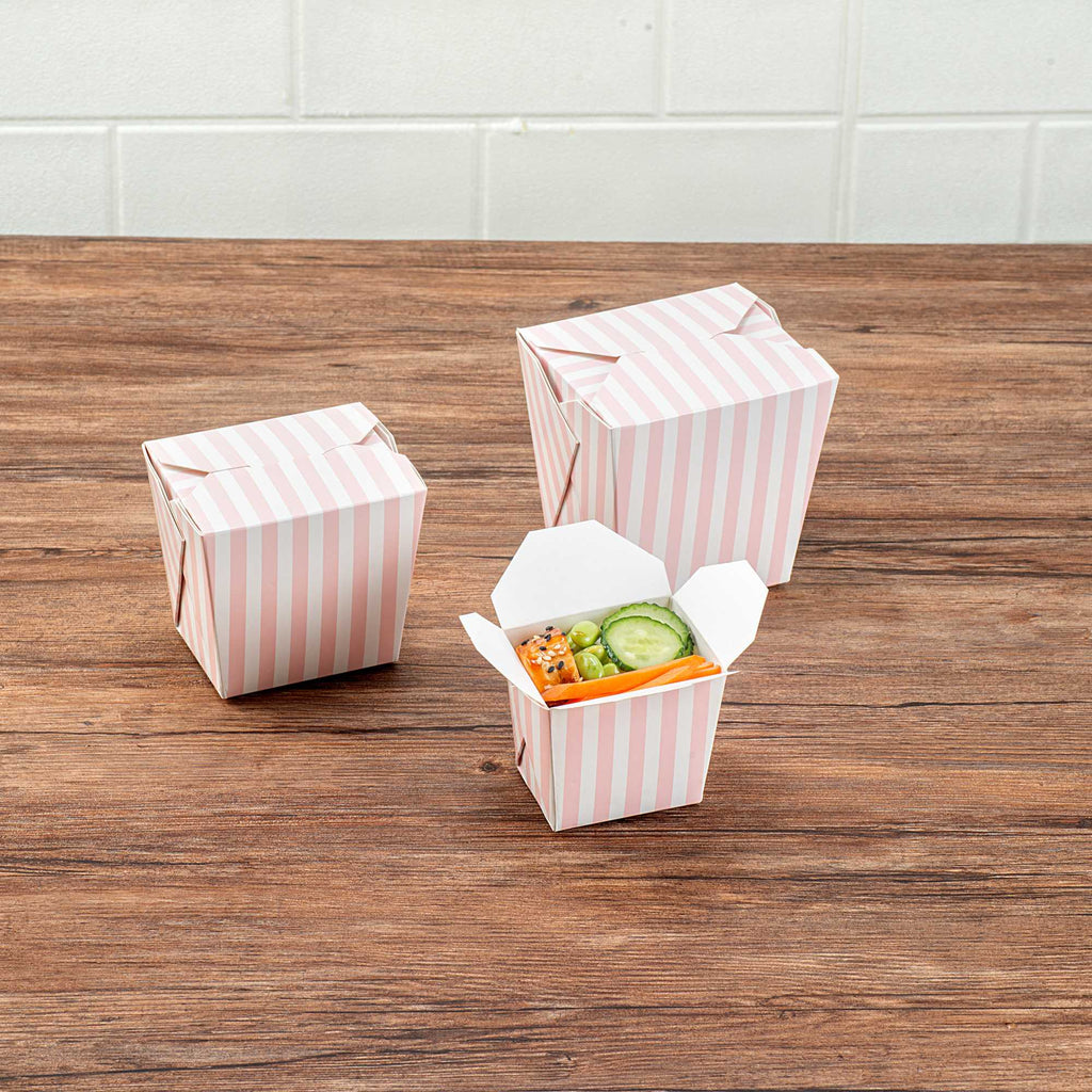 Bio Tek 8 oz Square Pink and White Stripe Paper Noodle Take Out Container - 2 3/4" x 2 1/4" x 2 1/2" - 50 count box