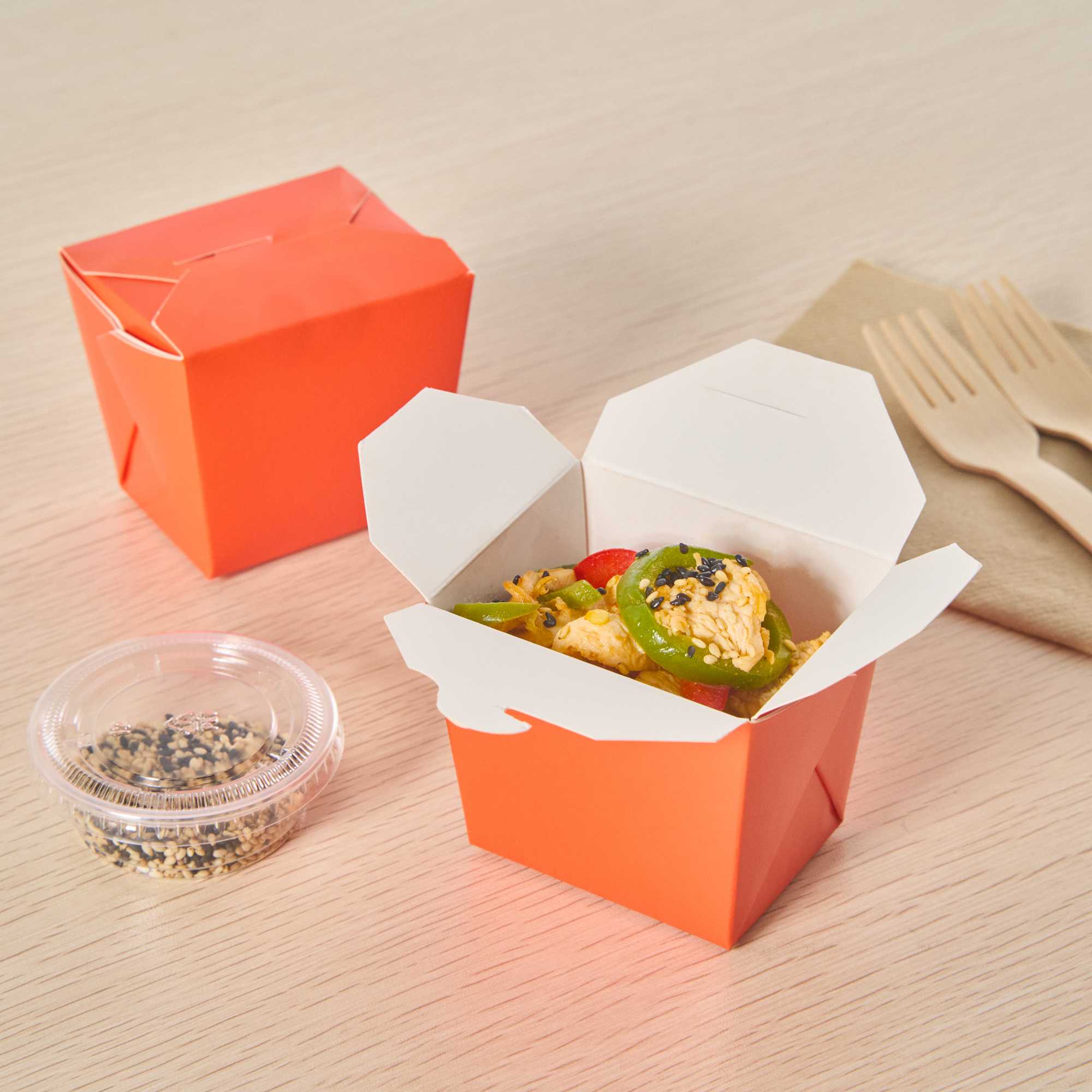 Bio Tek 8 oz Square Tangerine Orange Paper Noodle Take Out Container - 2 3/4" x 2 1/4" x 2 1/2" - 25 count box