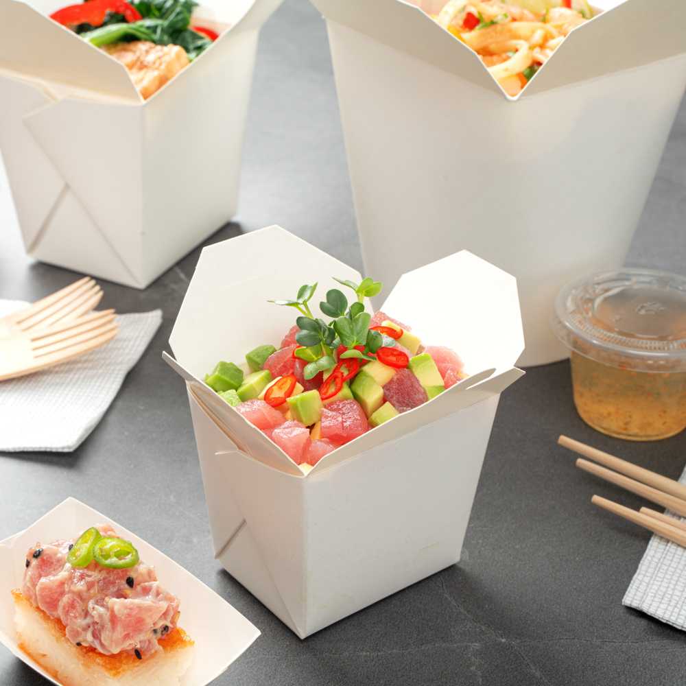 Bio Tek 8 oz Square White Paper Noodle Take Out Container - 2 3/4" x 2 1/4" x 2 1/2" - 25 count box