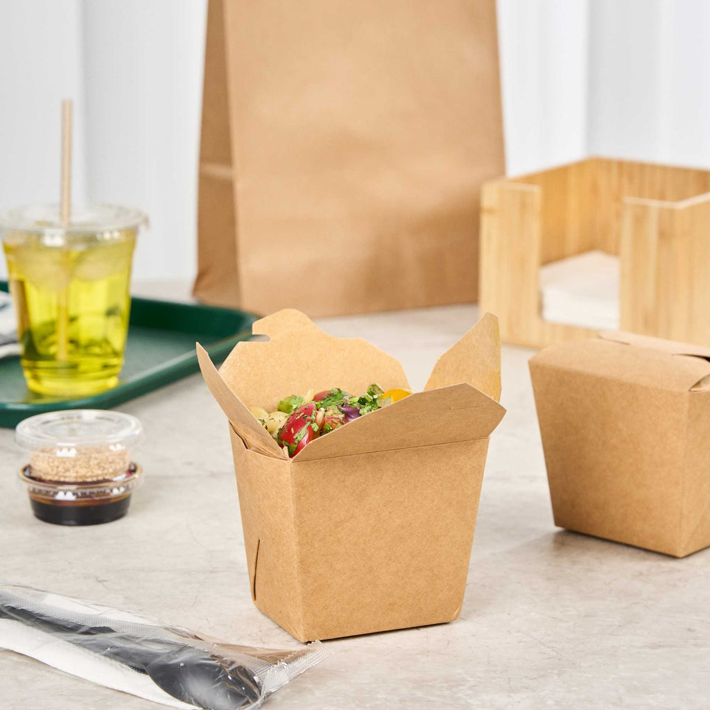 Bio Tek 16 oz Square Kraft Paper Noodle Take Out Container - 3 1/2" x 3" x 3 1/4" - 200 count box